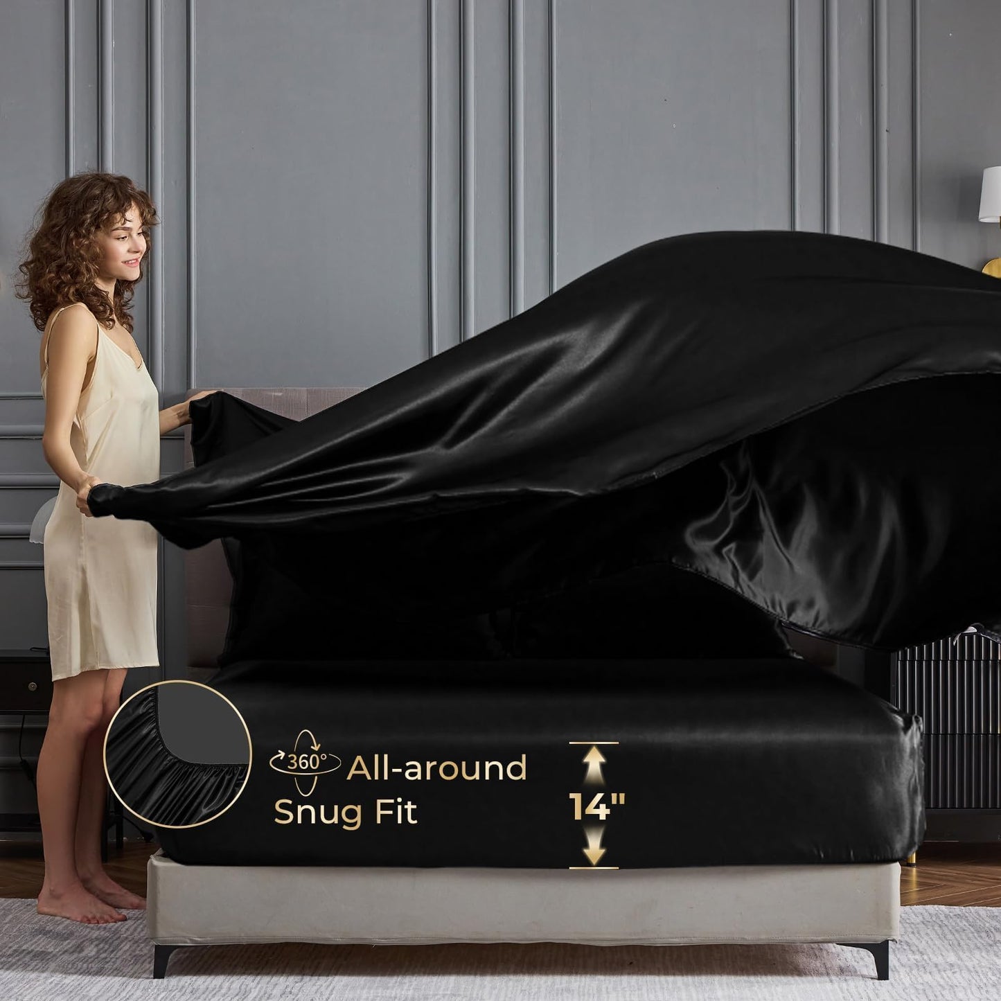 Sasttie Satin Sheets Queen - 4 Pieces Luxury Soft Black Silky Bed Sheets Set with Pillowcases - Smooth Silk-Like Drap Satin Fabric, Reinforced 14 Inches Pocket, Oeko-Tex Certified