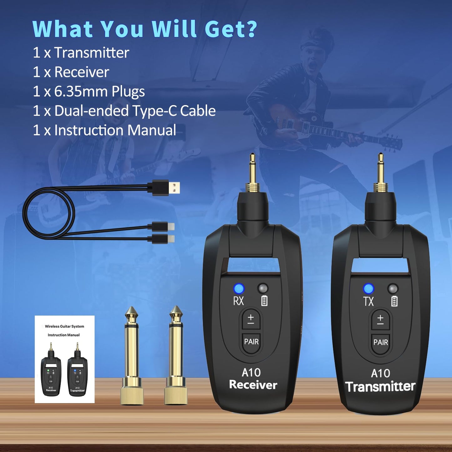 A10 Wireless Guitar Transmitter Receiver, 2.4GHz Rechargeable Transmitter Receiver, 24-bit 48KHz Audio, 100ft Range, No Latency, Plug and Play for Electric Guitar & Bass Accessories