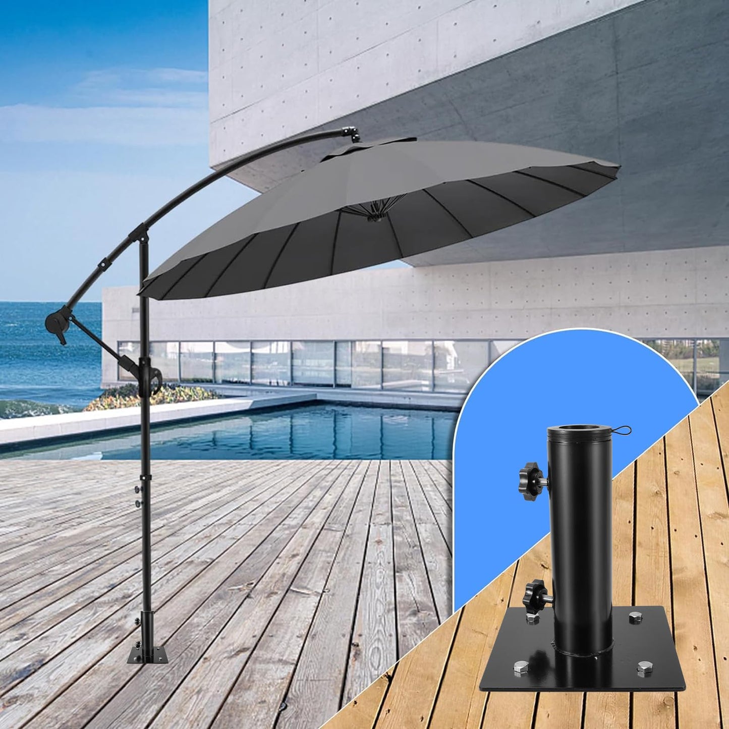 Lalafancy Bolt Down Patio Umbrella Base, Multifunctional Deck Umbrella Mount Outdoor with Ground Spike Fixing, Heavy Duty Metal Table Umbrella Holder Outside for Decks Concrete Lawns Mount