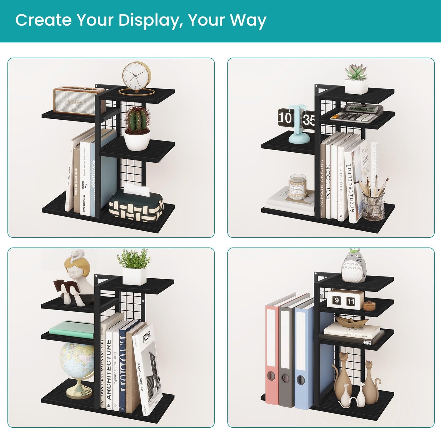 ELITEROO Desktop Bookshelf, 4 Tier Wood Desk Organizer Shelf, Tabletop Storage Shelf Rack for Office Supplies, Desk Decorations for Women Office, Rustic Black