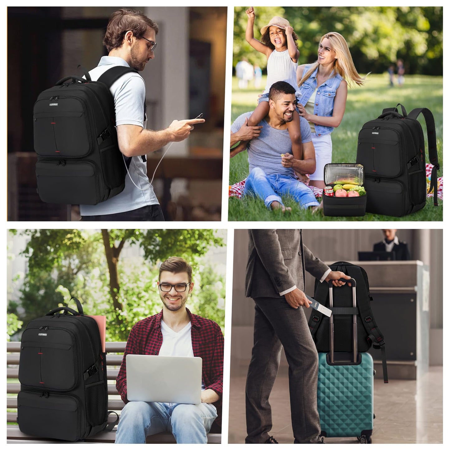 Lunch Backpack for Men, 17.3 Inch Laptop Backpack with USB Charging Port Waterproof Work Backpack with Insulated Lunch Bag for College School Business, Black
