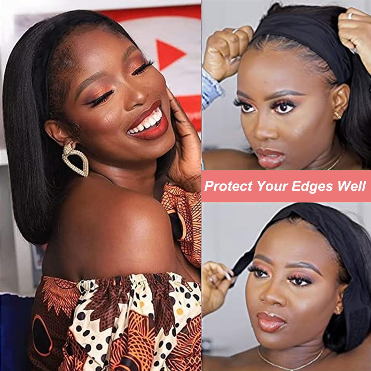 Adette Bob Human Hair Headband Wigs Straight Headband Wigs For Black Women Short Bob Human Hair Wigs Color 1B Natural Black None Front Lace 150% Density Brazilian Human Hair Headband Wig (8")