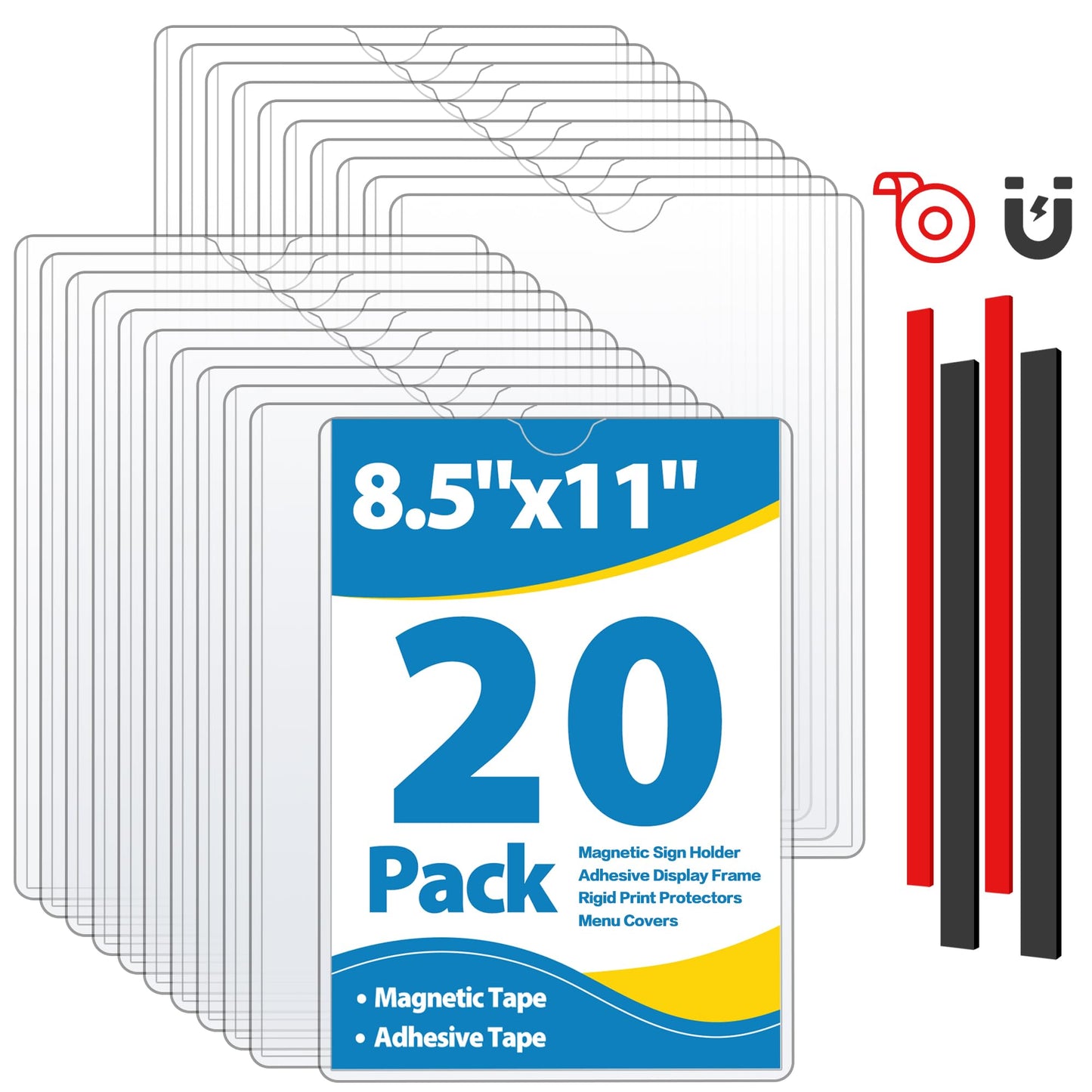 VAIIGO 20 Pack Wall Sign Holder 8.5 x 11 Magnetic Sign Holder, Magnetic Display Frame, Rigid Plastic Sign Holder with Magnetic and Adhesive Tapes, Adhesive Frame Document Holder Protectors Sign Holder