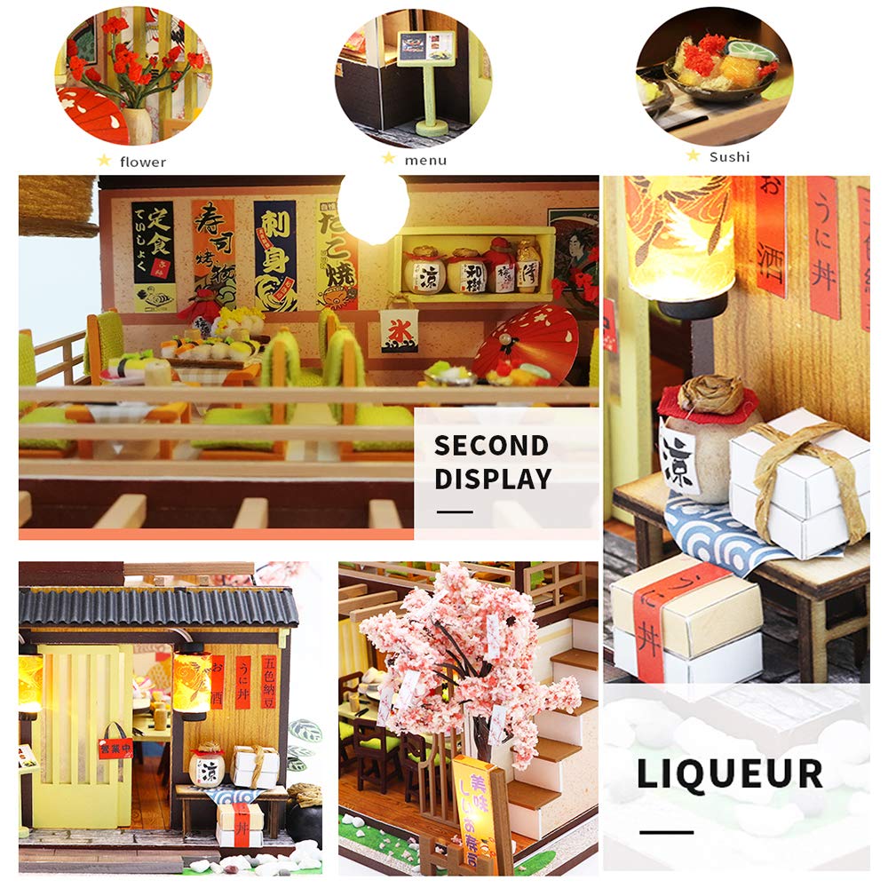 Spilay DIY Dollhouse Miniature with Wooden Furniture,Handmade Japanese Style Home Craft Model Mini Kit with1:24 Scale Creative Doll House Toys for Adult Teenager Gift (Gibbon Sushi)