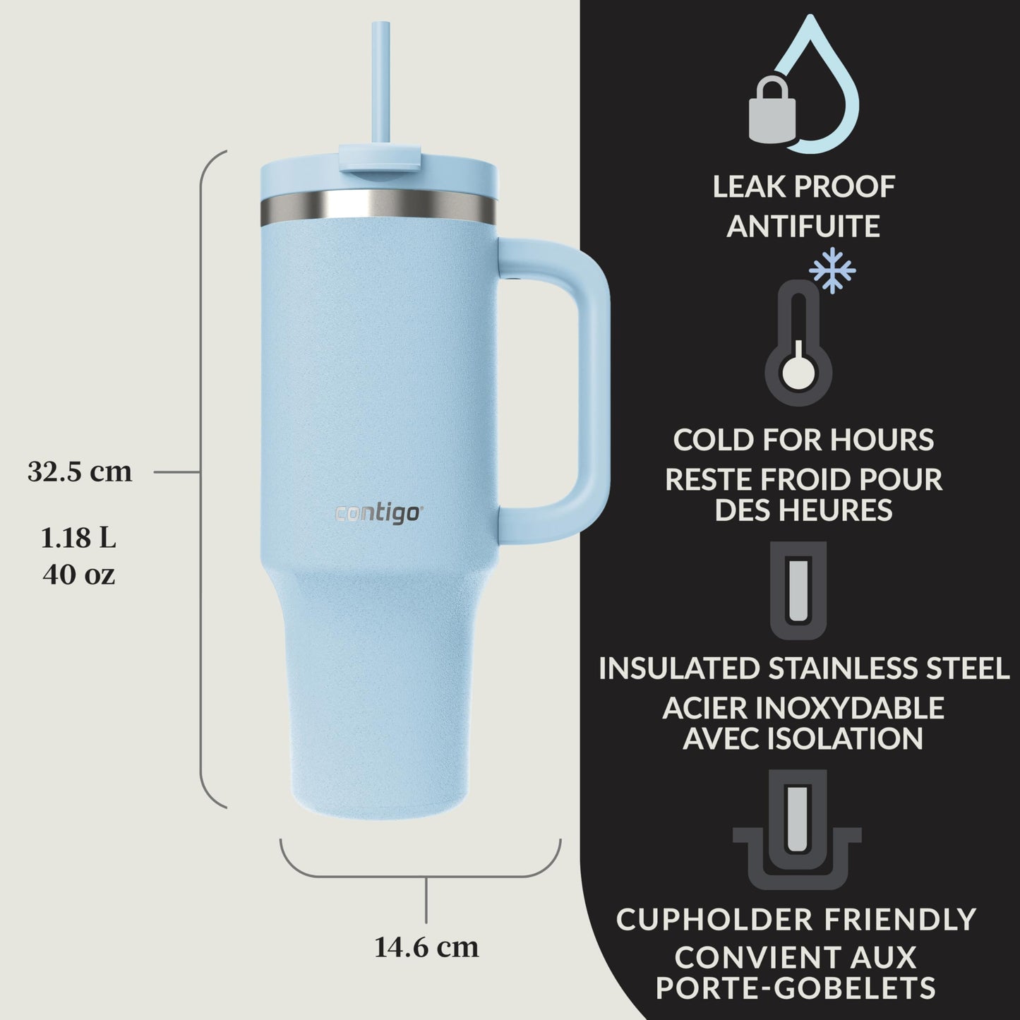 Contigo Streeterville Tumbler Giftset, 40 oz (1.18 L), Insulated Stainless Steel Water Bottle with Straw, Lid and Handle, Glacier & Indigo, 2 Pack