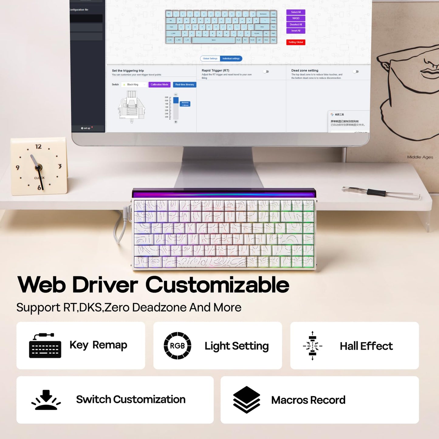 EPOMAKER Aula Hero84 HE Wired Hall Effect Keyboard with RGB Lightbox, 0.01mm Adjustable Actuation, 8KHz Polling, 0.125ms Latency, Snap Key, SOCD, Magnetic Gaming Keyboard (White Topographic)