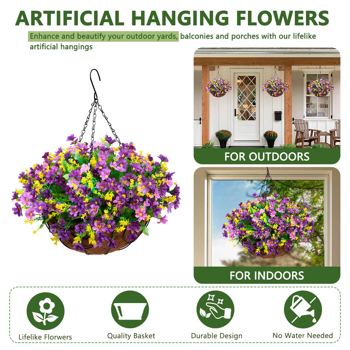 Homsunny Artificial Hanging Flowers in Basket Outdoor Indoor Patio Lawn Garden Decor, Hanging Daisy Basket with 12inch Coconut Lining Chain Flowerpot (Dark Purple)