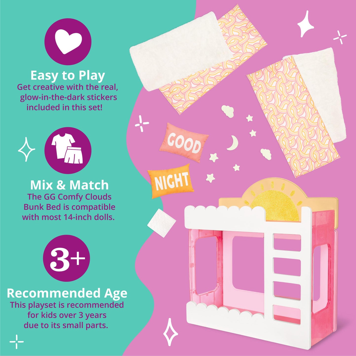 Glitter Girls – 14-Inch Doll Accessories – Comfy Clouds Bunk Bed – Doll House Furniture & Accessories – Beds, Pillows, & Blankets – Glowi in The Dark Decals – 3+ Years