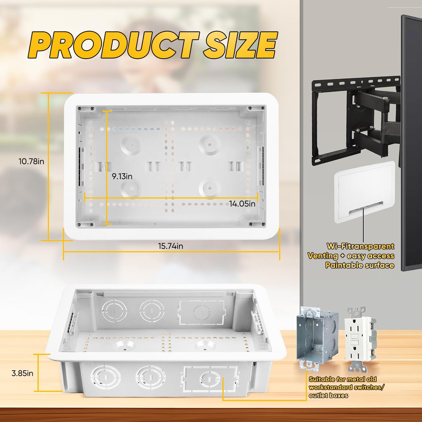 9" in-Wall TV Media Box - Recessed Outlet & Network Enclosure for Wall Mount TV Compatible with Apple, Fire Stick, Samsung One Connect Mini WiFi Friendly Recessed TV Outlet Box