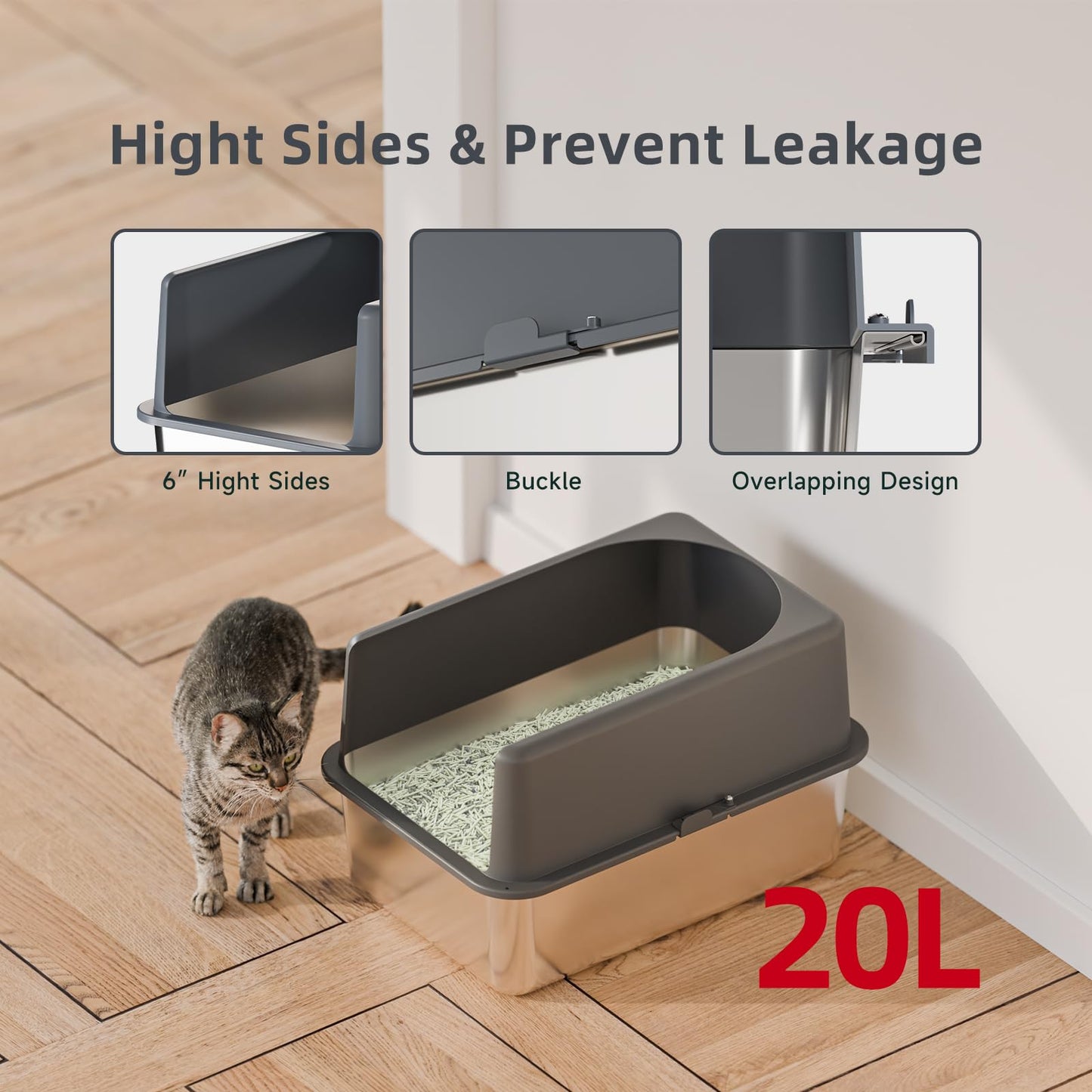 Bsadne High-Sided Stainless Steel Cat Litter Box,Stainless Steel Litter Box with Lid,Medium Litter Box,Easy-to-Clean Metal Litter Pan for Cats (20''L X 14''W X 12''H with Enclosure)