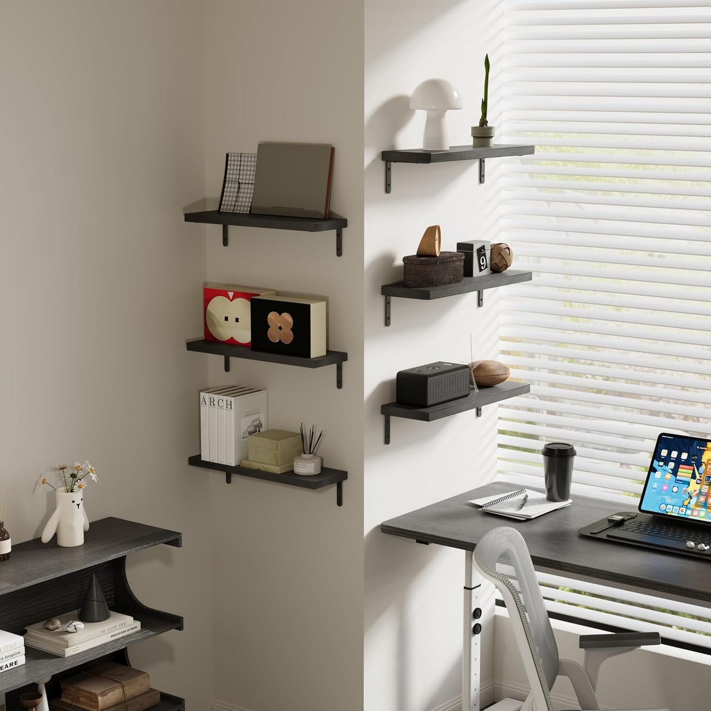 Flrrtenv 16 Inch Floating Shelves, Wall Mounted Shelves Set of 6, Wood Corner Book Floating Shelf,Room Decor for Bedroom, Living Room, Kitchen, Bathroom, Display Shelf Storage Black