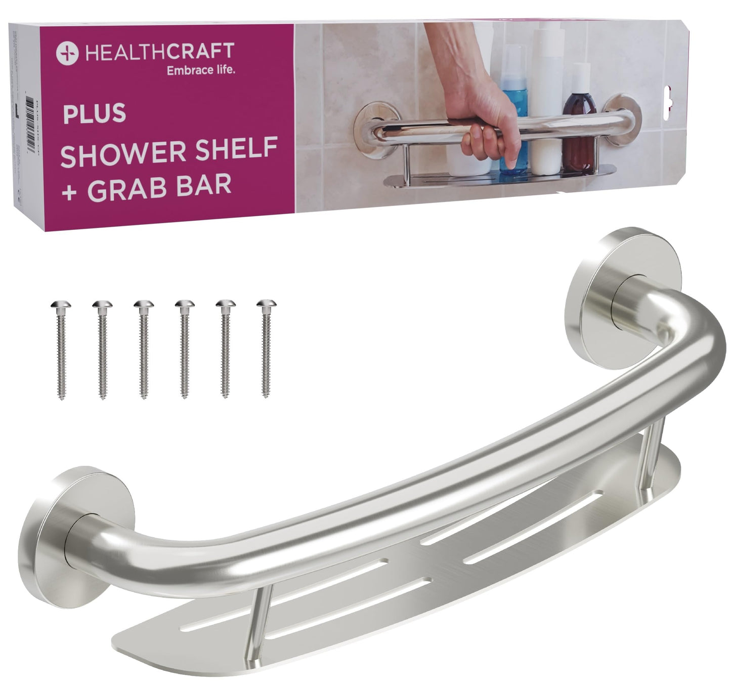 HEALTHCRAFT Plus 2-in-1 Shampoo Shelf and Grab Bar, 19.5 inch | ADA Compliant Wall-Mounted Safety Grab Bar for Bath and Shower, Brushed Steel Handicap Grab Bar for Seniors, 500 lbs Capacity