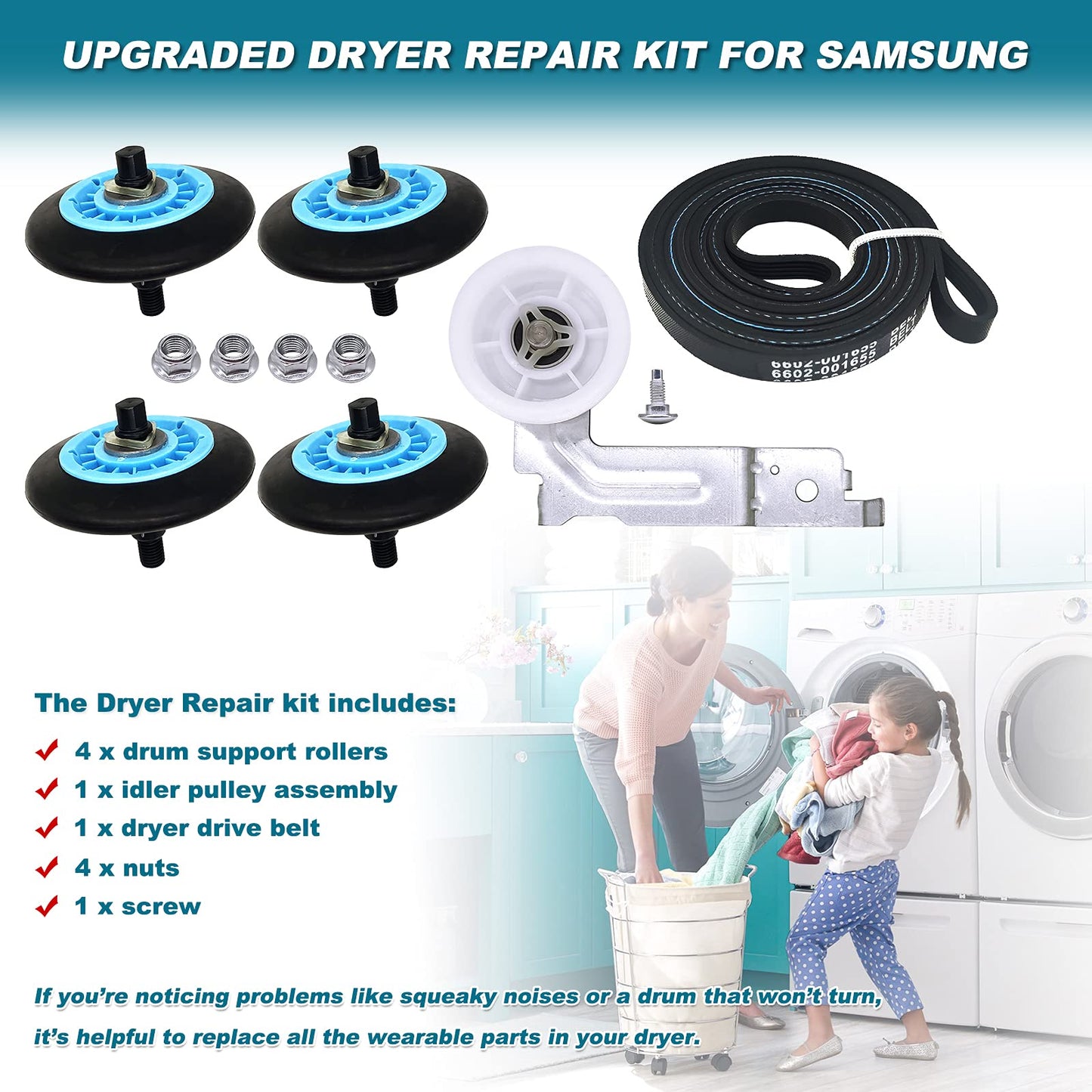 Dryer Drum Rollers DC97-16782A & Idler Pulley DC93-00634A & Drum Belt 6602-001655, Dryer Repair Kit for Samsung Belt Maintenance Kit Replace AP4373659 AP5325135 AP6038887 PS4133825 PS4221885