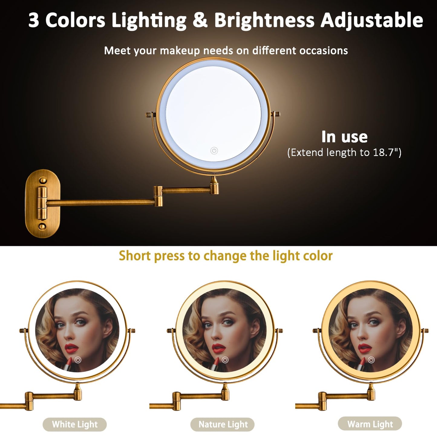 MIROAMZ Rechargeable Wall Mounted Lighted Makeup Vanity Mirror 8 Inch Double Sided 1X 10X Magnifying Bathroom Mirror, 3 Color Lighting, Touch Screen Dimming, 360 Rotation Shaving Mirror