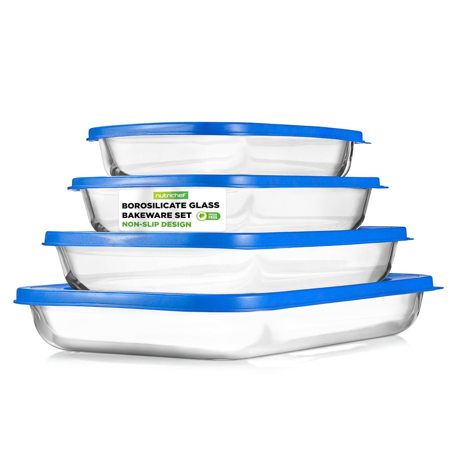 Nutrichef 4 Sets Glass Bakeware-High Borosilicate Rectangular Glass Baking Dish w/Blue BPA-Free PE Lids, Freezer-to-Oven Home Kitchen Bake Casserole Food Storage Stackable Tray Pan, Dishwasher Safe