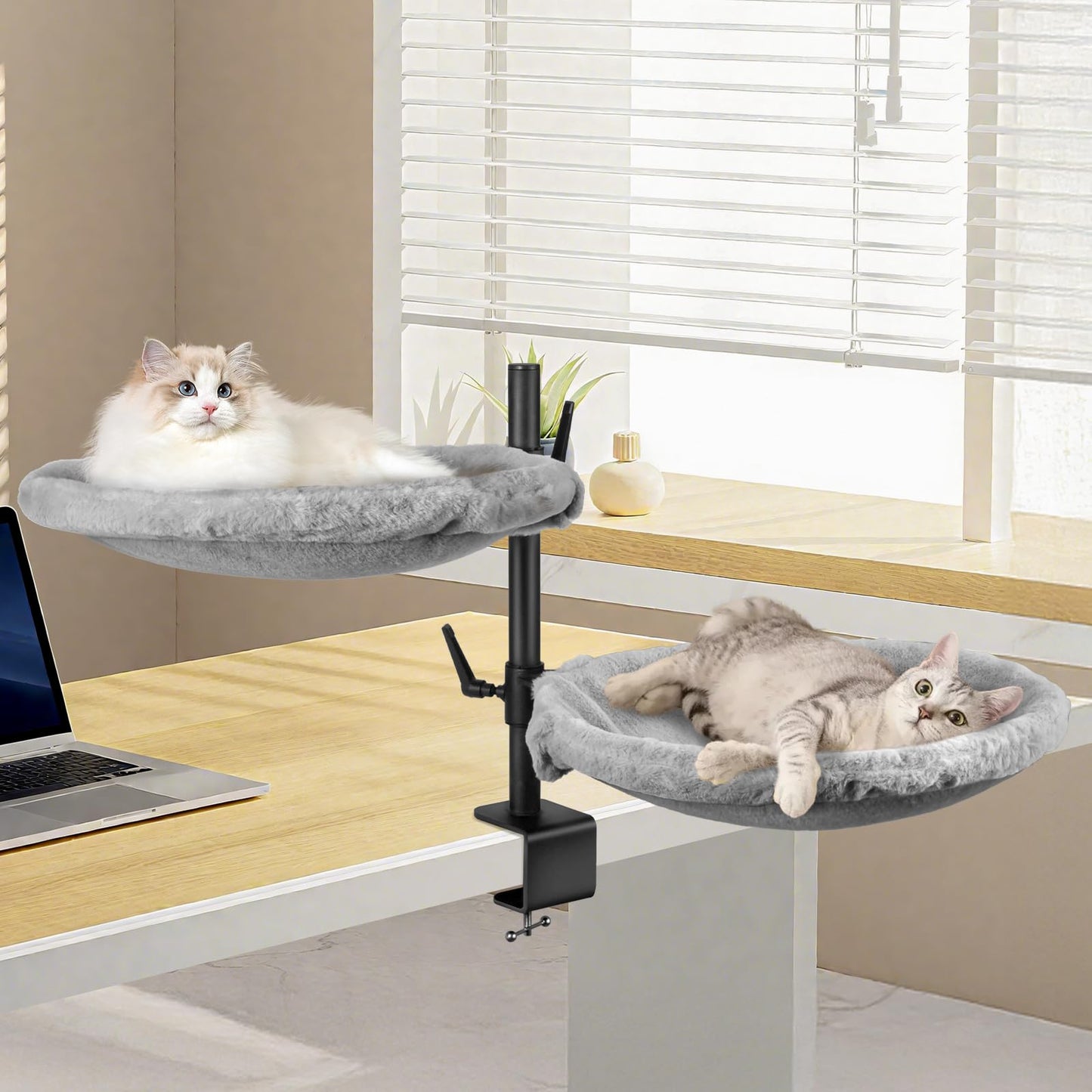Double Cat Desk Bed - 2 Large Layers Cat Perch with 360° Rotating & Adjustable Height, Kitten Nest for Desktop with 2 Washable Soft Covers, Kitten Hammock Bed Mount for Home Office Grey
