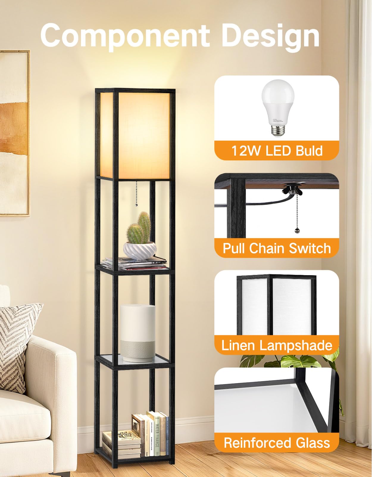 OUTON Floor Lamp with Glass Shelves, 12W LED Bulb, Large Storage Display Wood Shelf Lamp 3 Color Temperature, LED Tall Standing Modern Bookshelf Lamps for Living Room, Bedroom, Office, Black