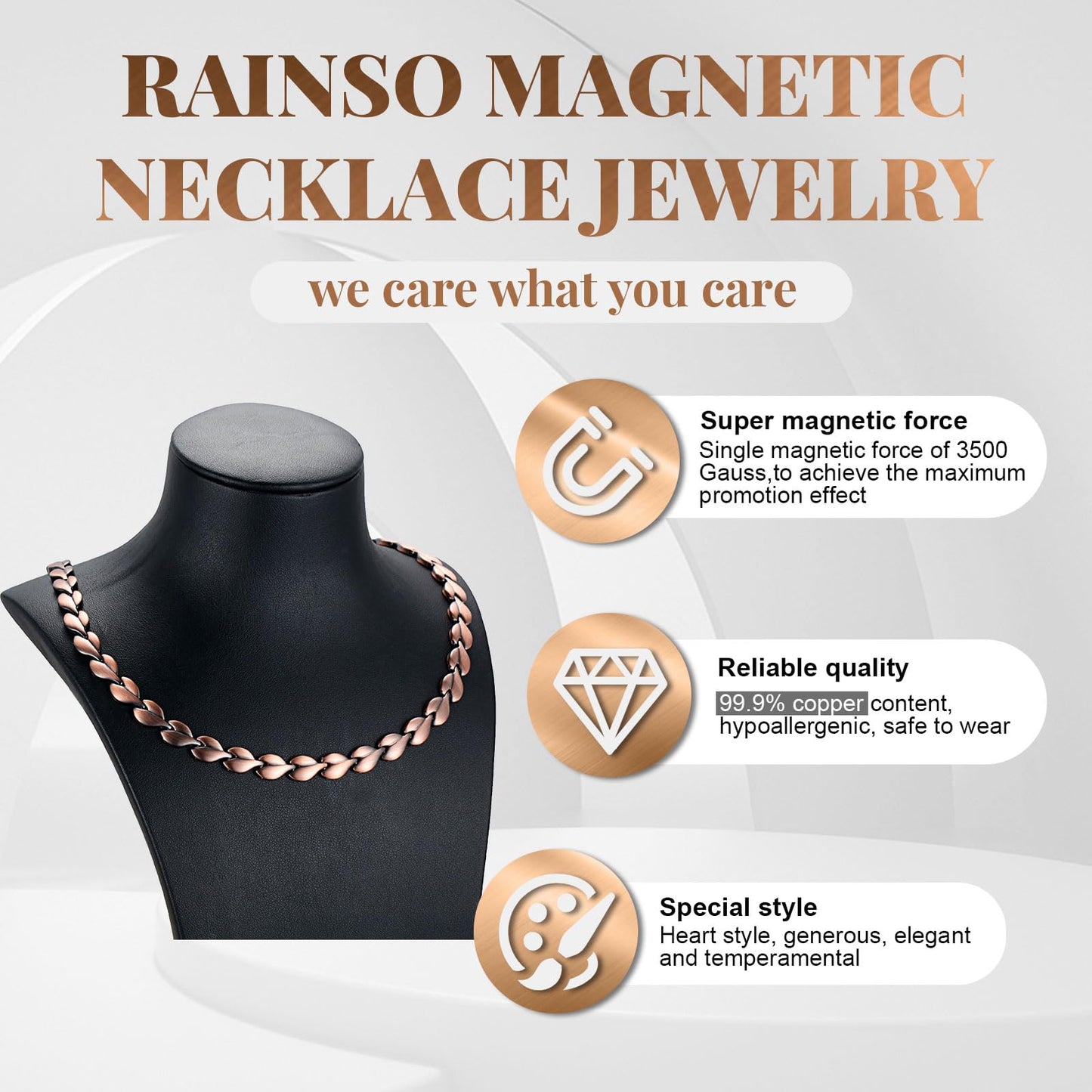 RainSo Heart Shape Pure Copper Magnetic Necklace for Women Adjustable Gift for Women, 1 Count (Pack of 1), Copper