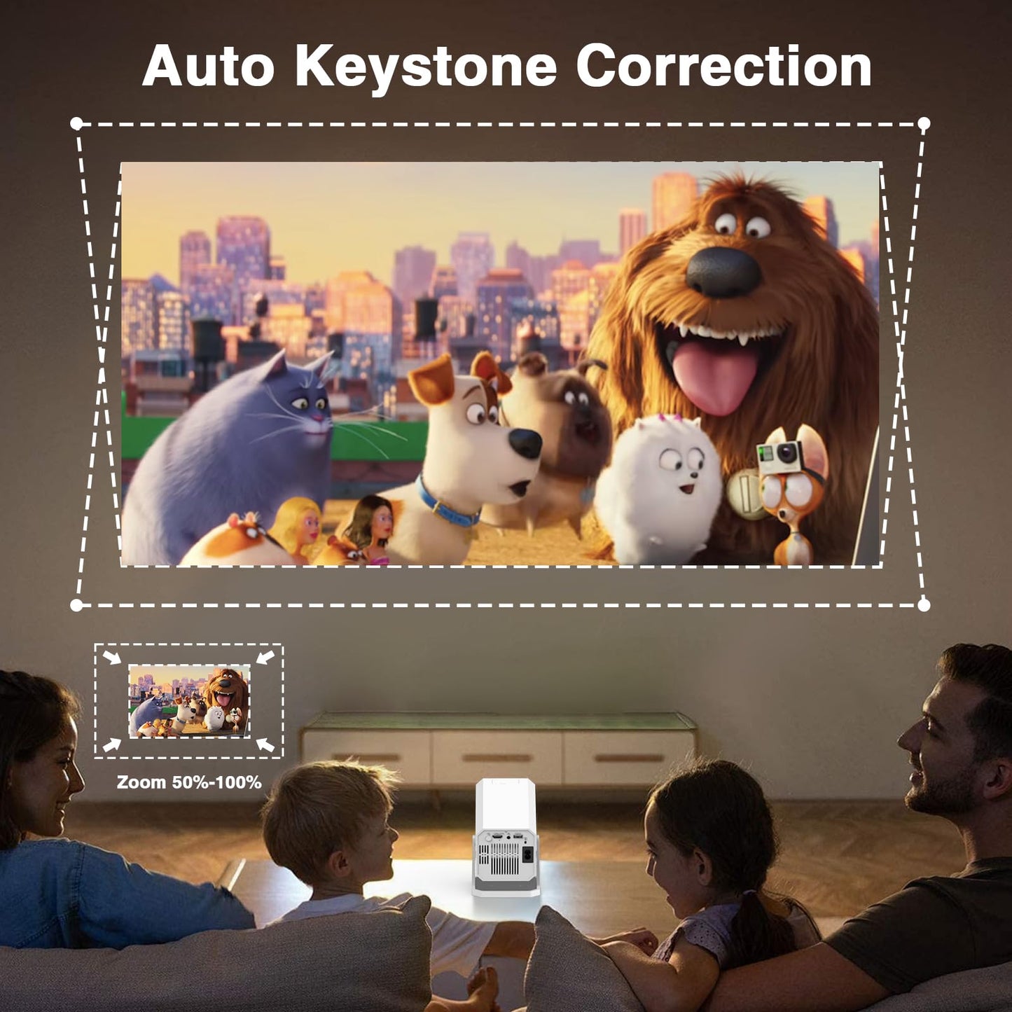 【Built-in Apps | Electric Focus】 1080P Mini Projector with WiFi 6 and Bluetooth, Portable Outdoor Projector with 【Auto Keystone】, 270°Rotation Movie Projector Compatible with HDMI, USB, Smartphone