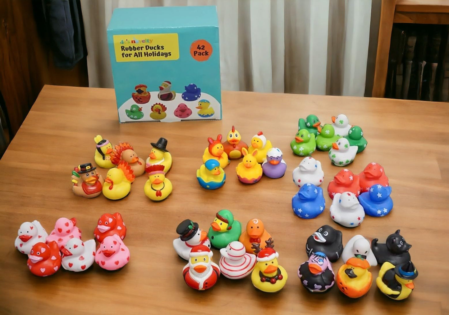 4E's Novelty Rubber Ducks for All Holidays, Bulk Pack of 42 - Includes 6 of Each Holiday, Valentines Day Rubber Ducks, Easter Duckies, Bath Toys for Kids, Gift for Jeep Owners, Jeep Ducking