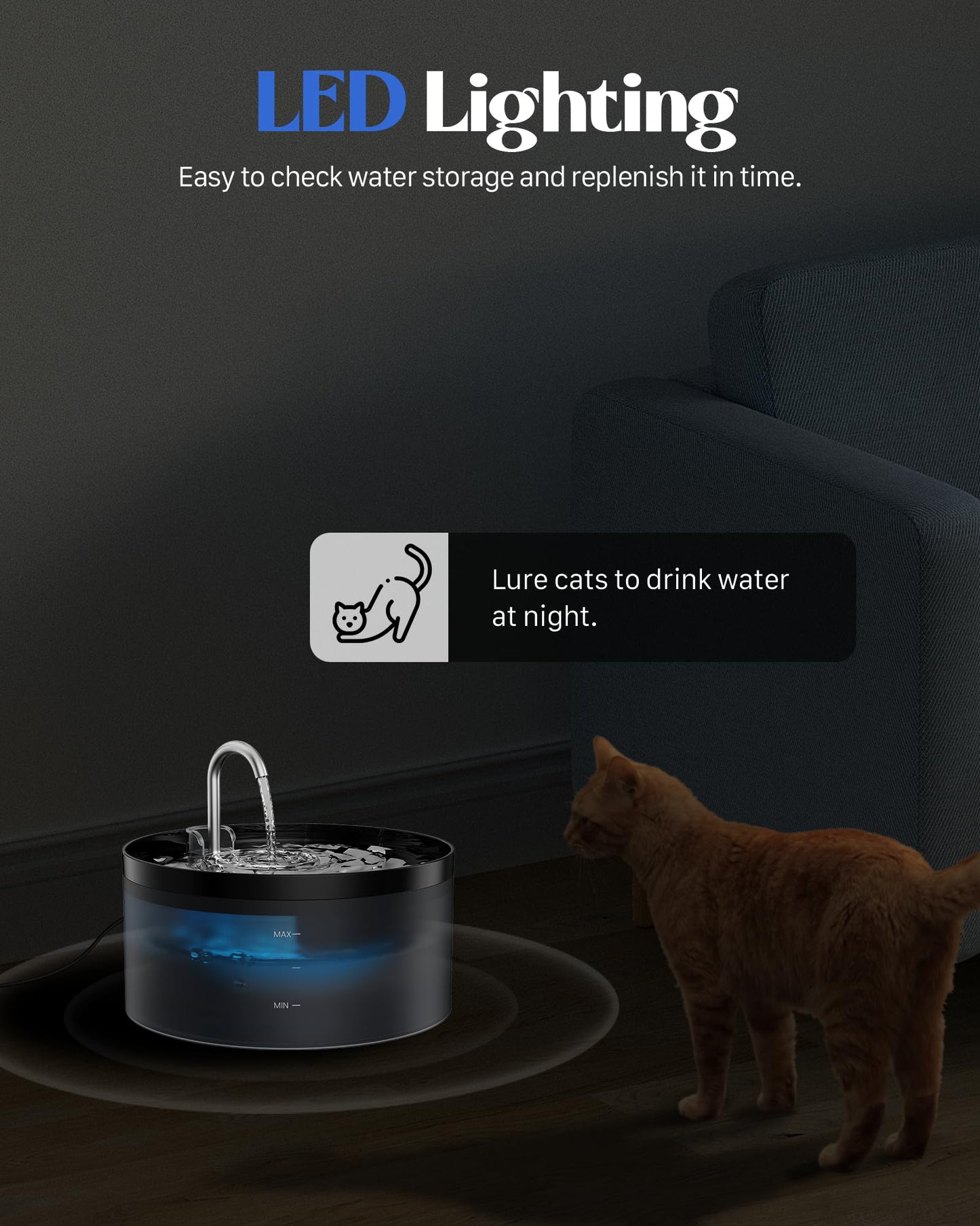 GIOTOHUN Cat Water Fountain: 3.2L Black Cat Drinking Fountain - Silent, Triple Filtration, LED Light, 6 Filters + 3 Sponges
