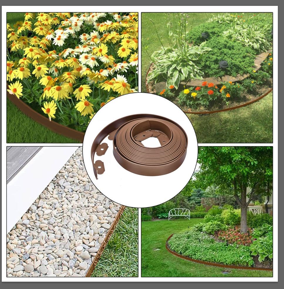 60ft Garden Edging Border,2in High Lawn Edging Borders with 54 Stakes,Flexible Landscape Edging No Dig,Plastic Landscaping Edging for Lawn,Yard,Grass,Flower Bed,Path -Brown