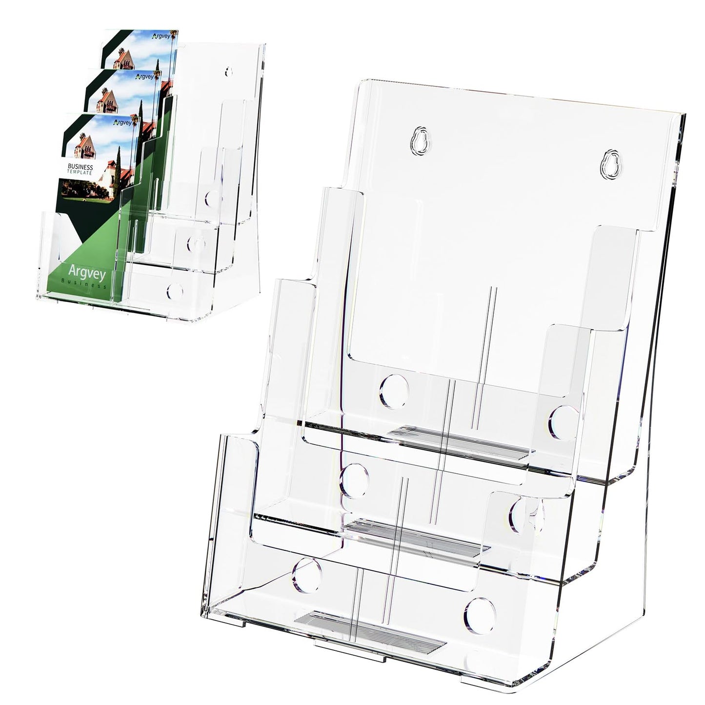 Acrylic Brochure Holder 8.5 x 11 inches, 3 Tier Clear Literature Holder with Removable Divider for Trifold 4 Inches Wide Pamphlet, Plastic Flyer Display Stand for Magazine, Document, Booklet
