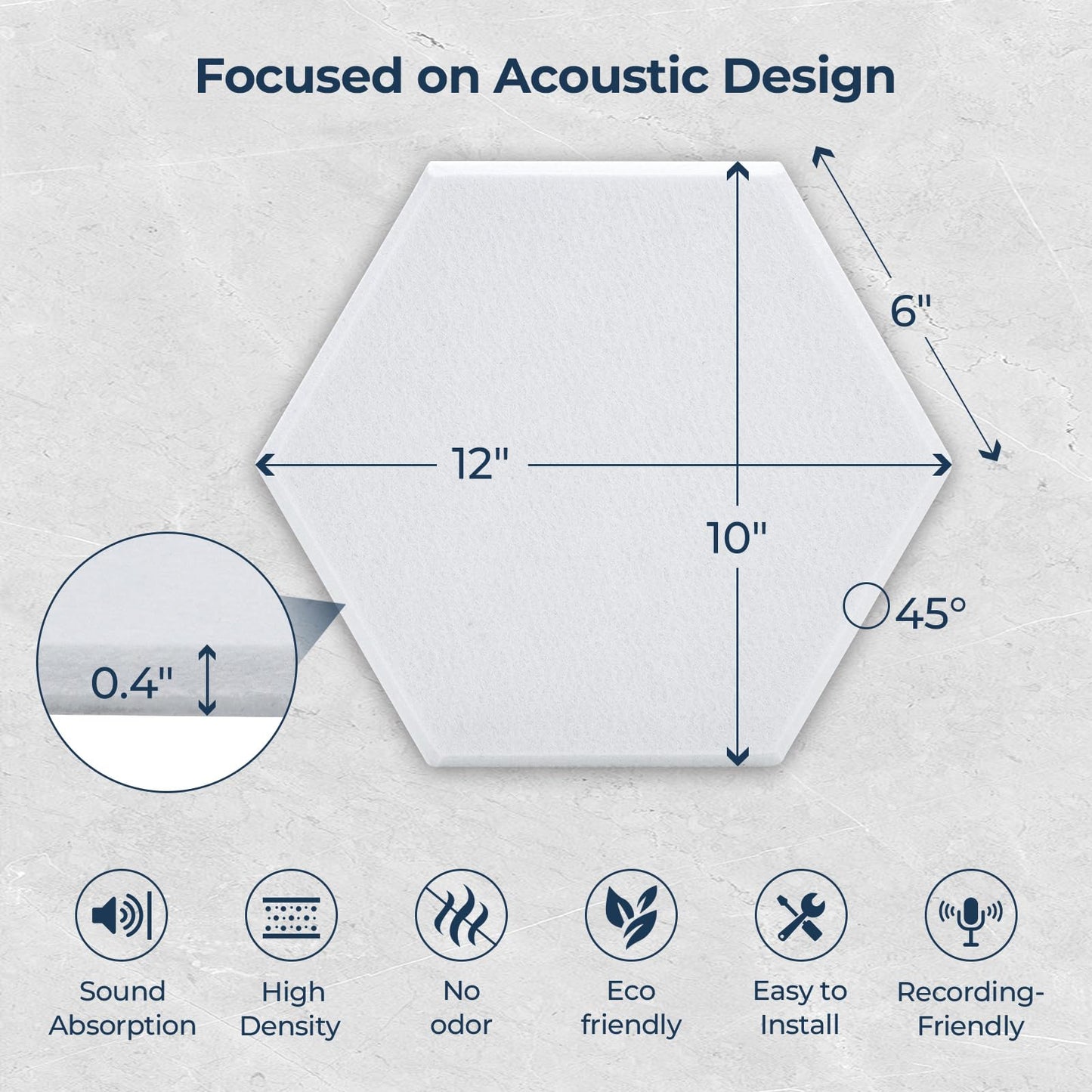 AUSLET 12Pack Sound Proof Panels Hexagon Self-Adhesive Sound Absorbing Panels 12" x 10" x 0.4", High-Density Acoustic Panels for Home Studio, Office, Gaming Room, White