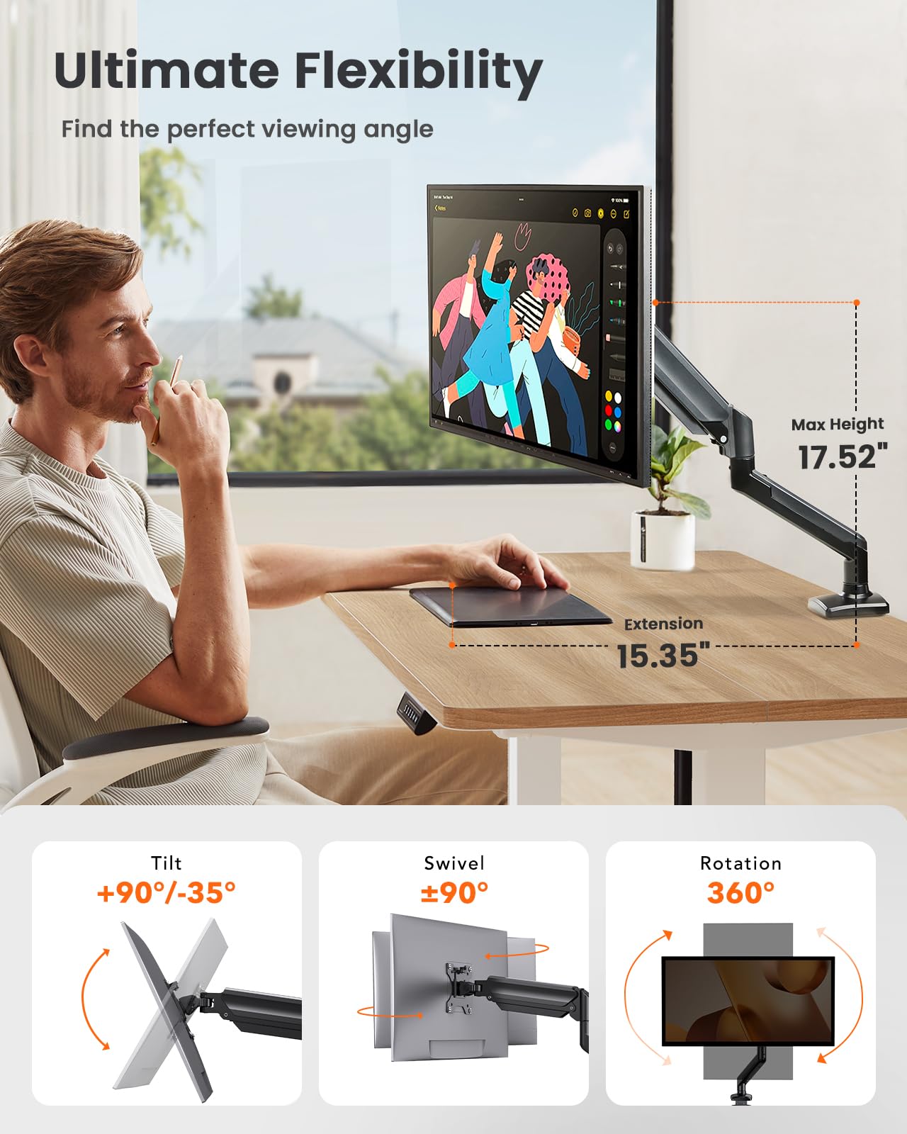 ErGear Single Monitor Arm for 13-36 inch Screens, Adjustable Design Monitor Mount Holds up to 22 lbs, Computer Monitor Stand with VESA Mount, C-Clamp & Grommet Base, Max VESA 100x100mm