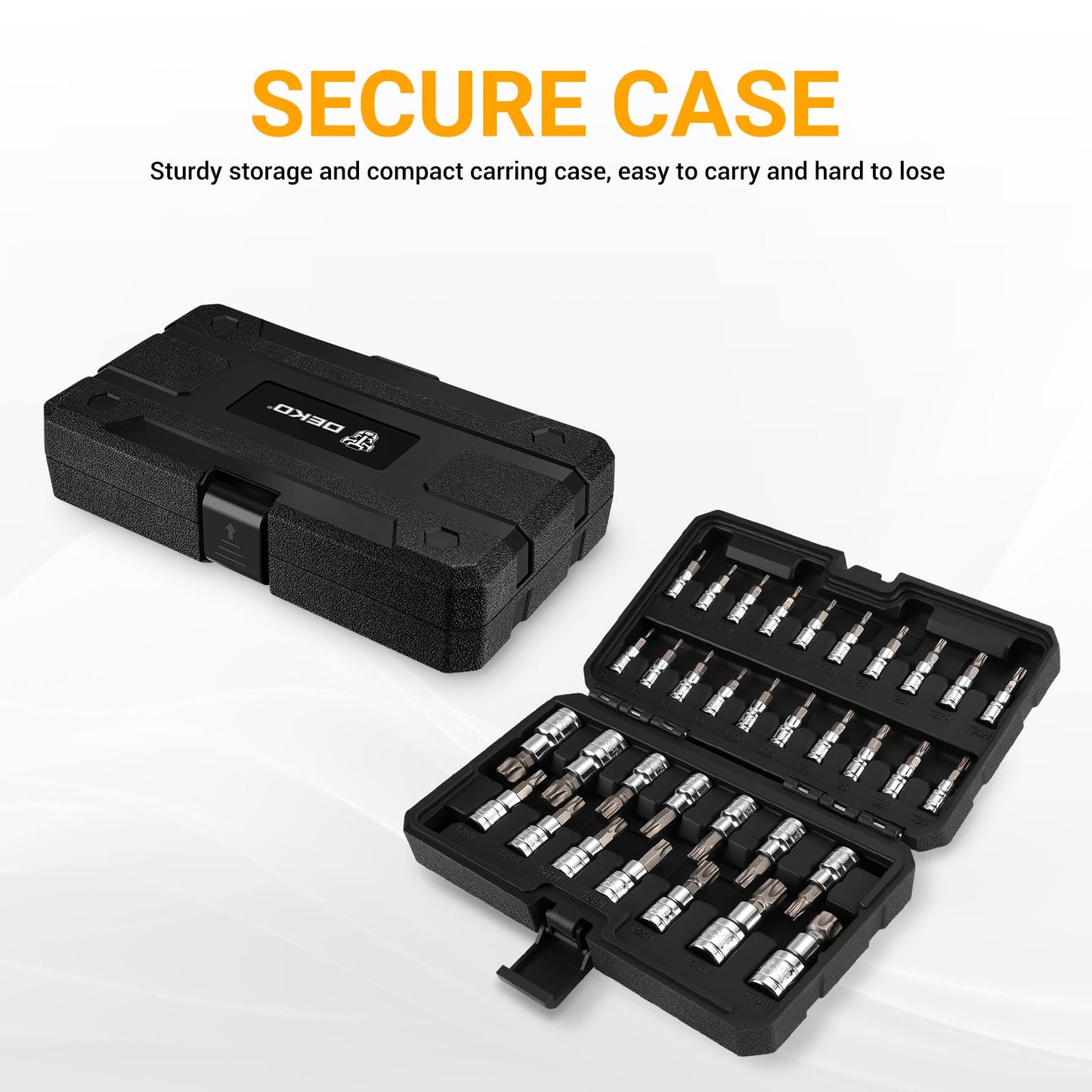DEKOPRO 34PCS Torx Bit Socket Set, Star Bit Socket Set, Premium S2 Alloy Steel and Cr-V Steel, Solid Star & Tamper Proof T6 ~ T70, SAE Drive Bits with Storage Case