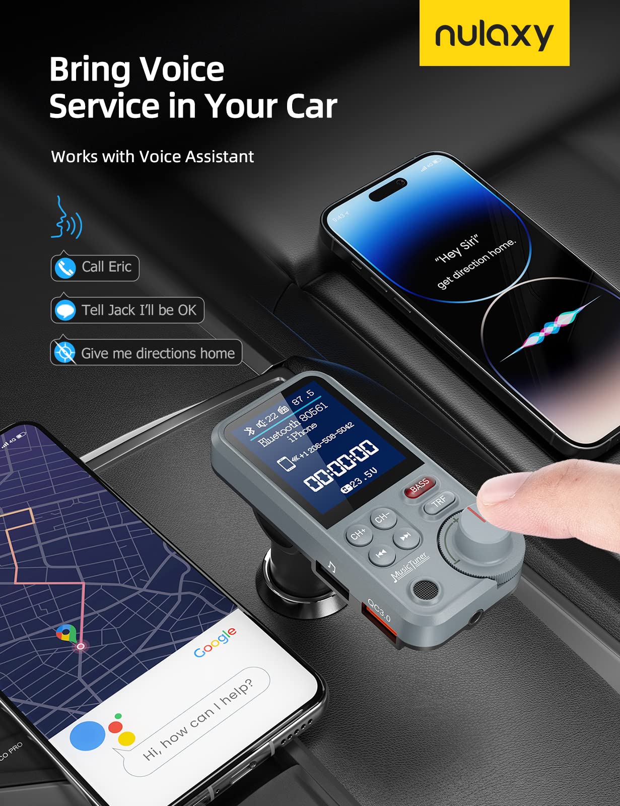 Nulaxy FM Bluetooth Transmitter for car, Strong Microphone Bluetooth Car Adapter with 1.8" Color Screen for Hands Free Calls, Supports QC3.0 Charging, Treble and Bass Sound Music Player- KM30 Grey