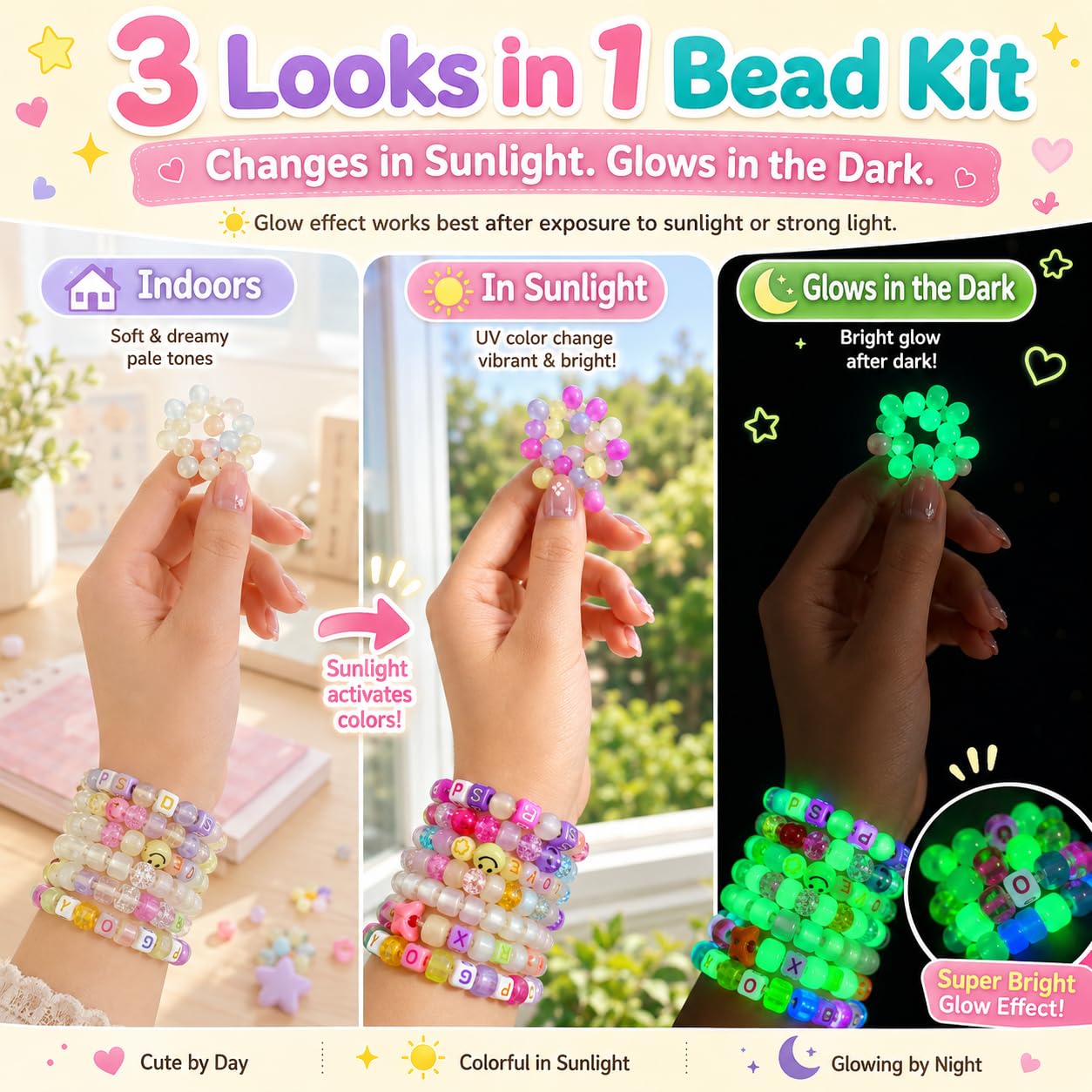 SJZWSD 6 Boxes Bracelet Making Kit Pony Beads, 6x9mm Kandi Rave & Hair Beads Set with UV Color Changing, Glow-in-Dark, Chrome & Alphabet Letters for Friendship Jewelry DIY Crafts