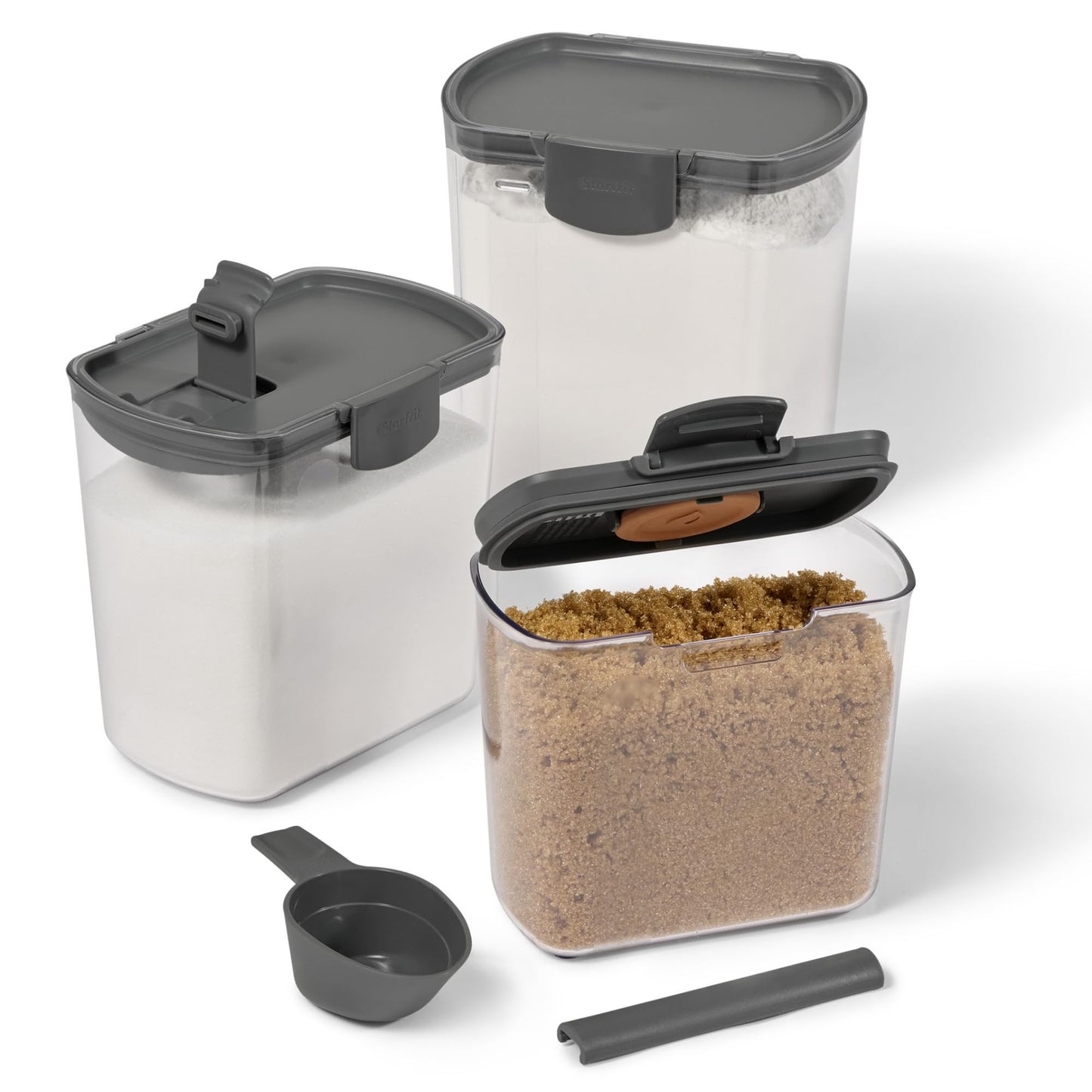Starfrit PROKEEPER Dry Food Storage Container Set, 3 Airtight Containers for Flour, Sugar, Brown Sugar with Measurement Graduations, Airtight Silicone Seal, with Accessories