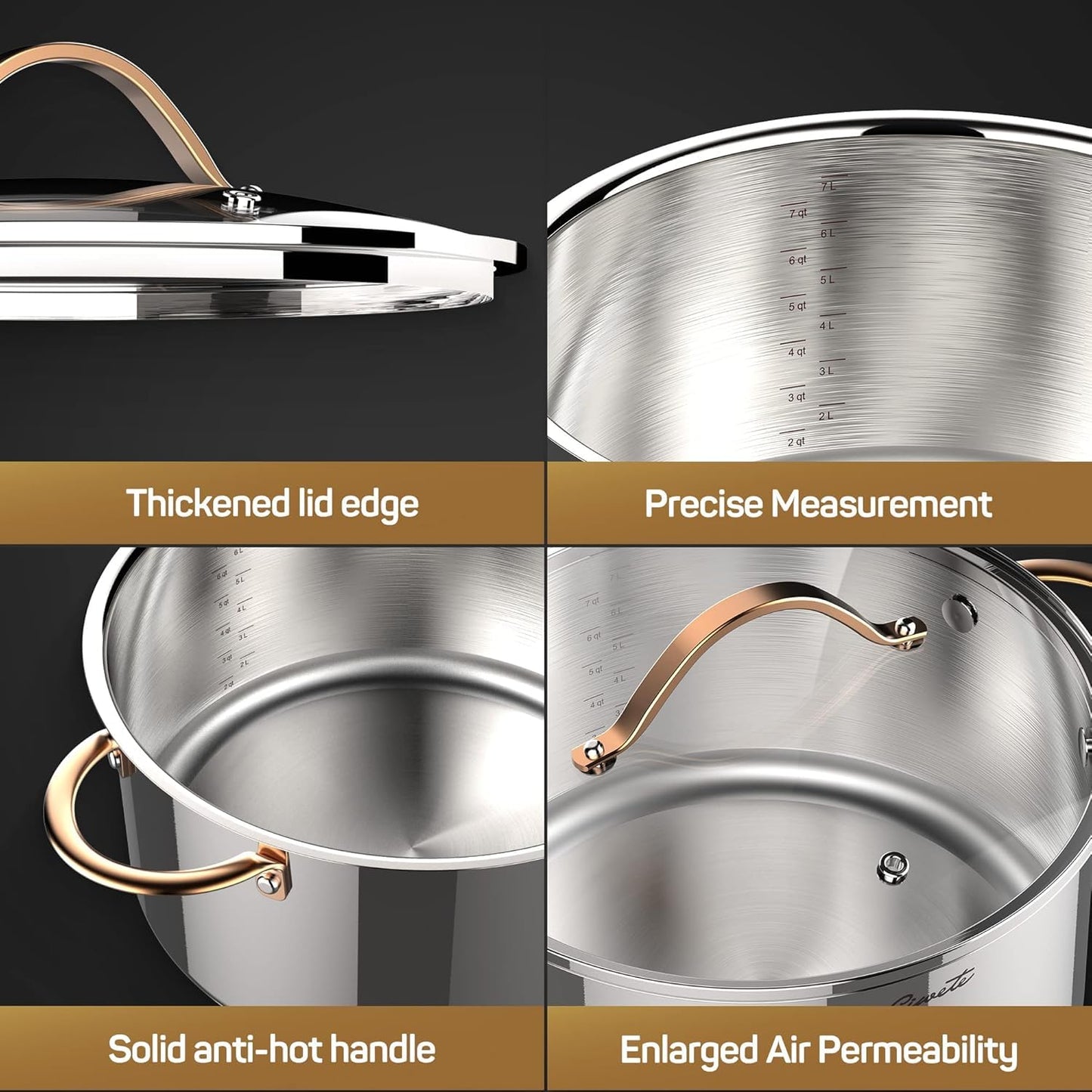 Ciwete 8 Quart Stock Pot, 3 Ply Stainless Steel Cooking Stock Pot with Lid, 8 QT Soup Pot with Copper Handle, Healthy Stockpots, Induction, Oven, Gas and Dishwasher Safe