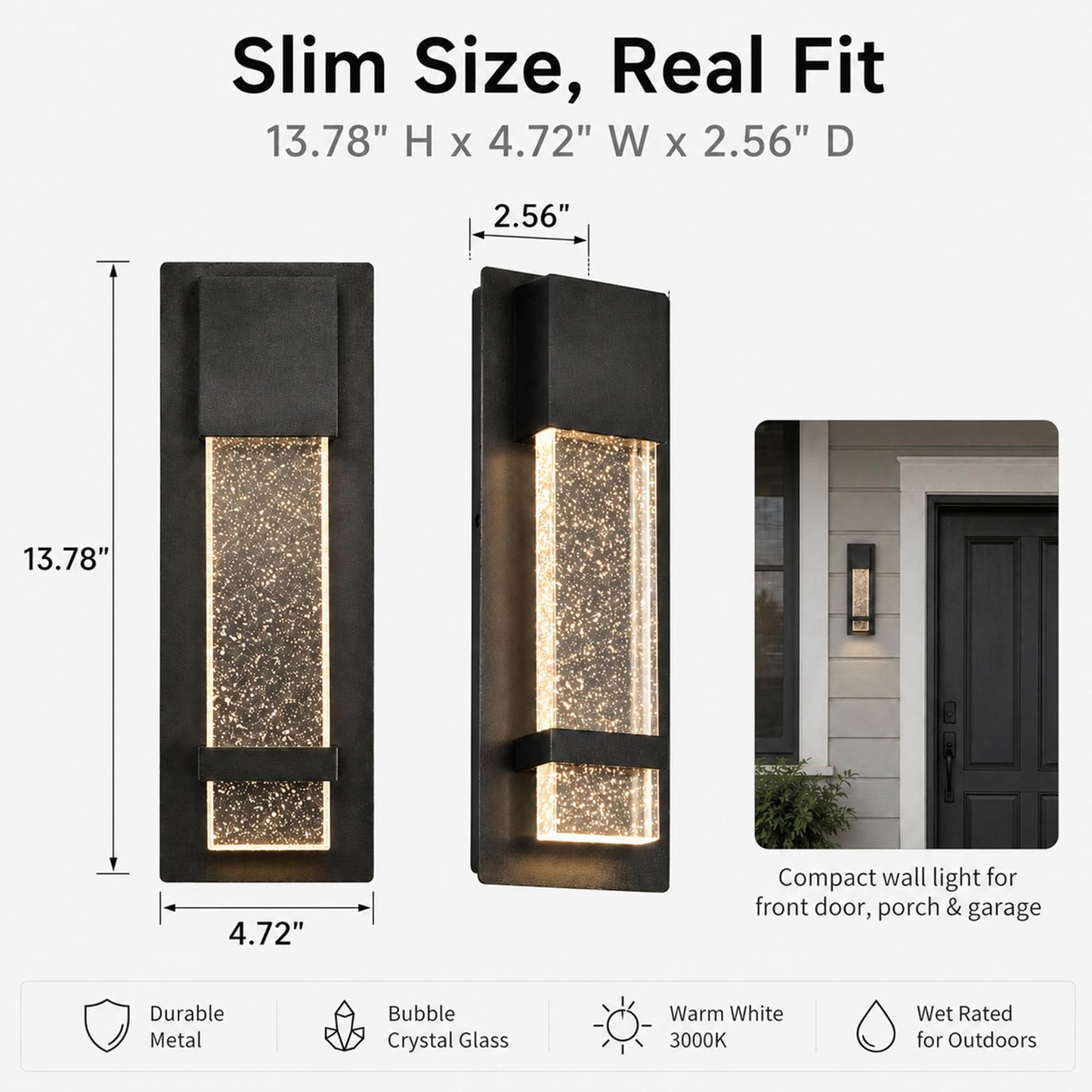 Modern Outdoor Wall Light, 12W LED Wall Sconce 3000K Warm Light, Waterproof Black Aluminum Exterior Wall Light with Bubble Crystal Glass, Hardwired Porch Light for Front Door, Patio, Garage