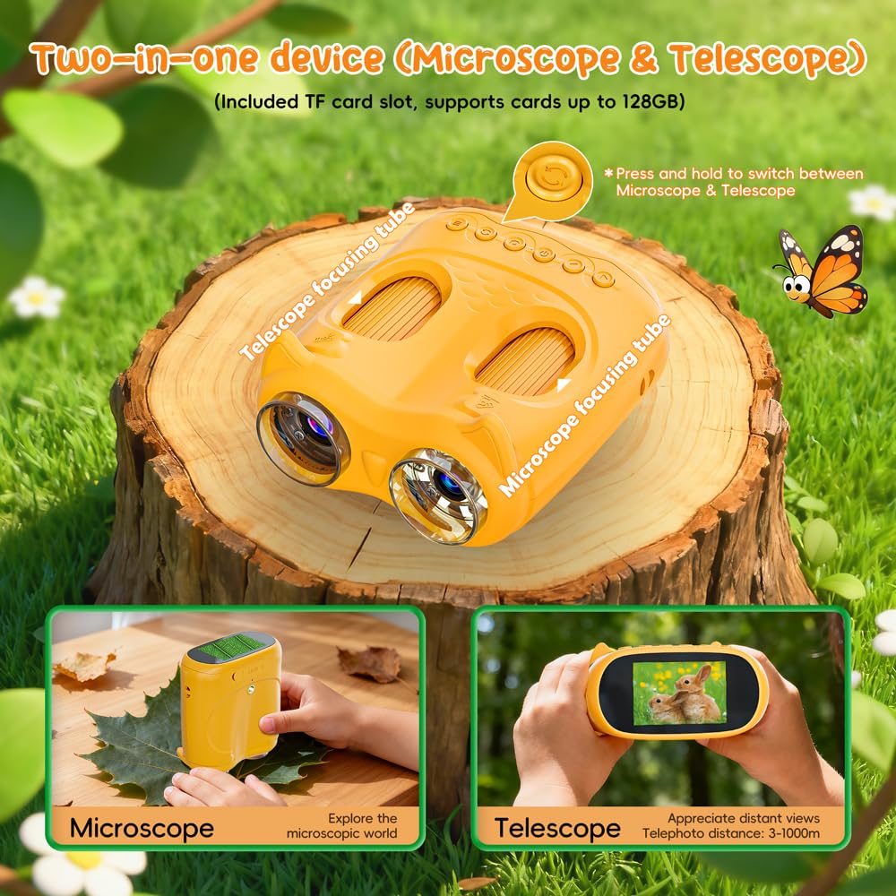 Temodu 2-in-1 Kids Microscope Telescope, 2.0" 1000X Digital Microscope for Kids, HD Portable Education Telescope for Kids Birthday Festival Gift, Science Fun Toys for Children Age 4-12 (Yellow)