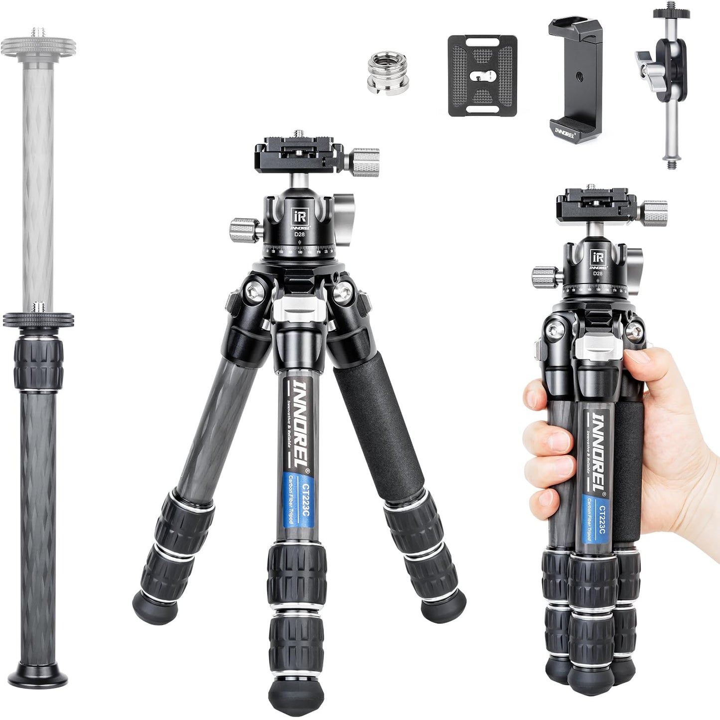 INNOREL 10-Layer Carbon Fiber Mini Tripod CT223C with 28mm Low Profile Ballhead & Center Column, Black, Tabletop Camera & Smartphone Tripod, Compact Portable, Max Load 22lb/10kg