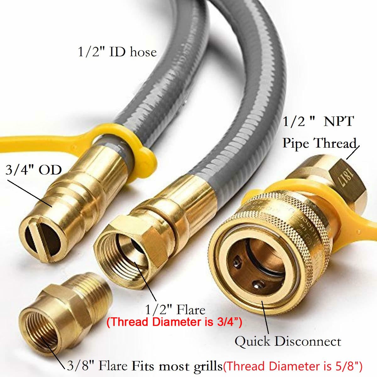 10 Feet 1/2 ID Natural Gas Hose Conversion Kit, Propane Gas Grill Quick Connect/Disconnect Hose Assembly with Adapter 1/2" Flare To 3/8" Female Flare(Measures 5/8" ) for Outdoor NG/Propane Appliance