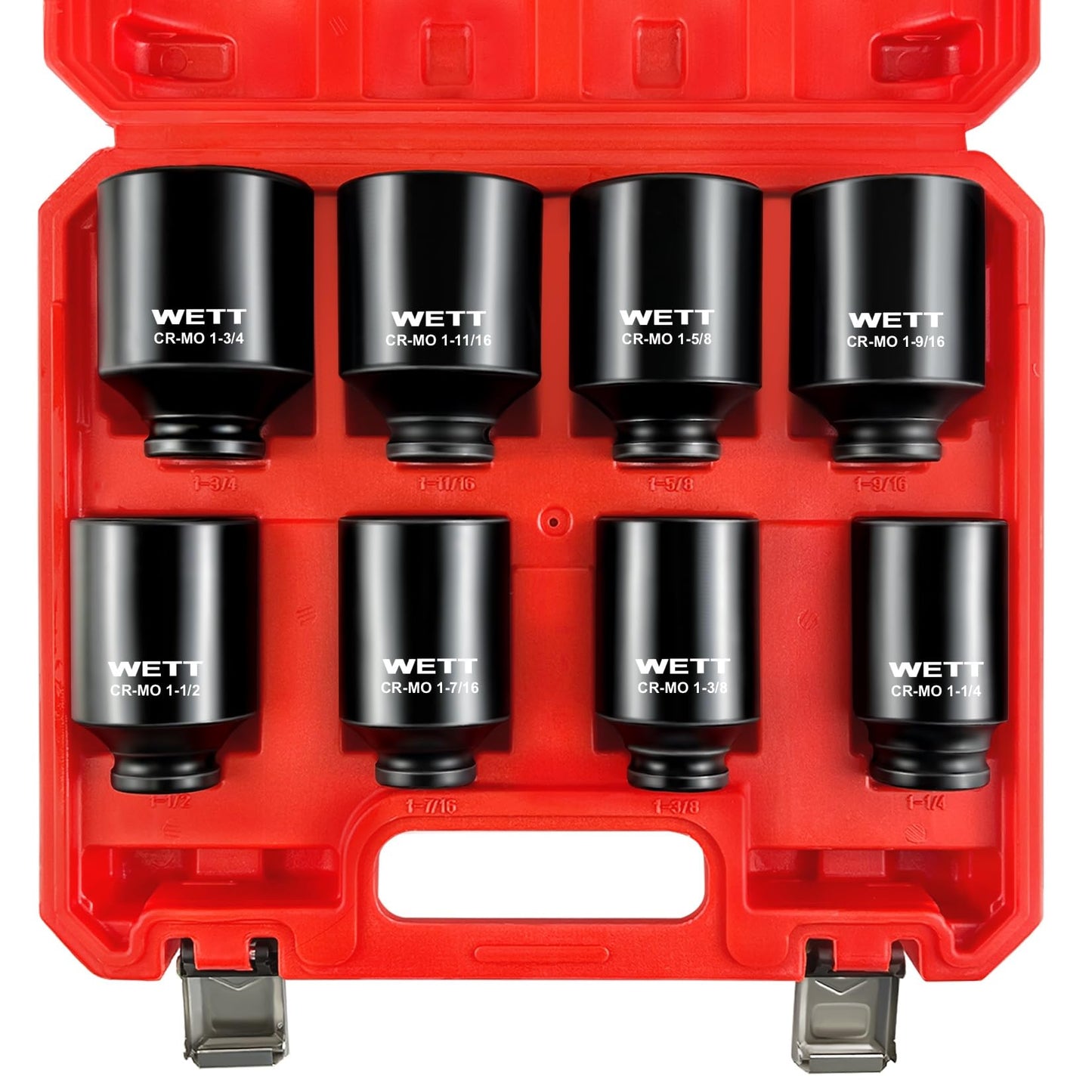 WETT 1/2" Drive Deep Impact Socket Set, 8-Piece Spindle Axle Nut Large Sockets Set, CR-MO, Standard SAE 6 Point Wheel Wrench Sockets(1-1/4-Inch-1-3/4-Inch)