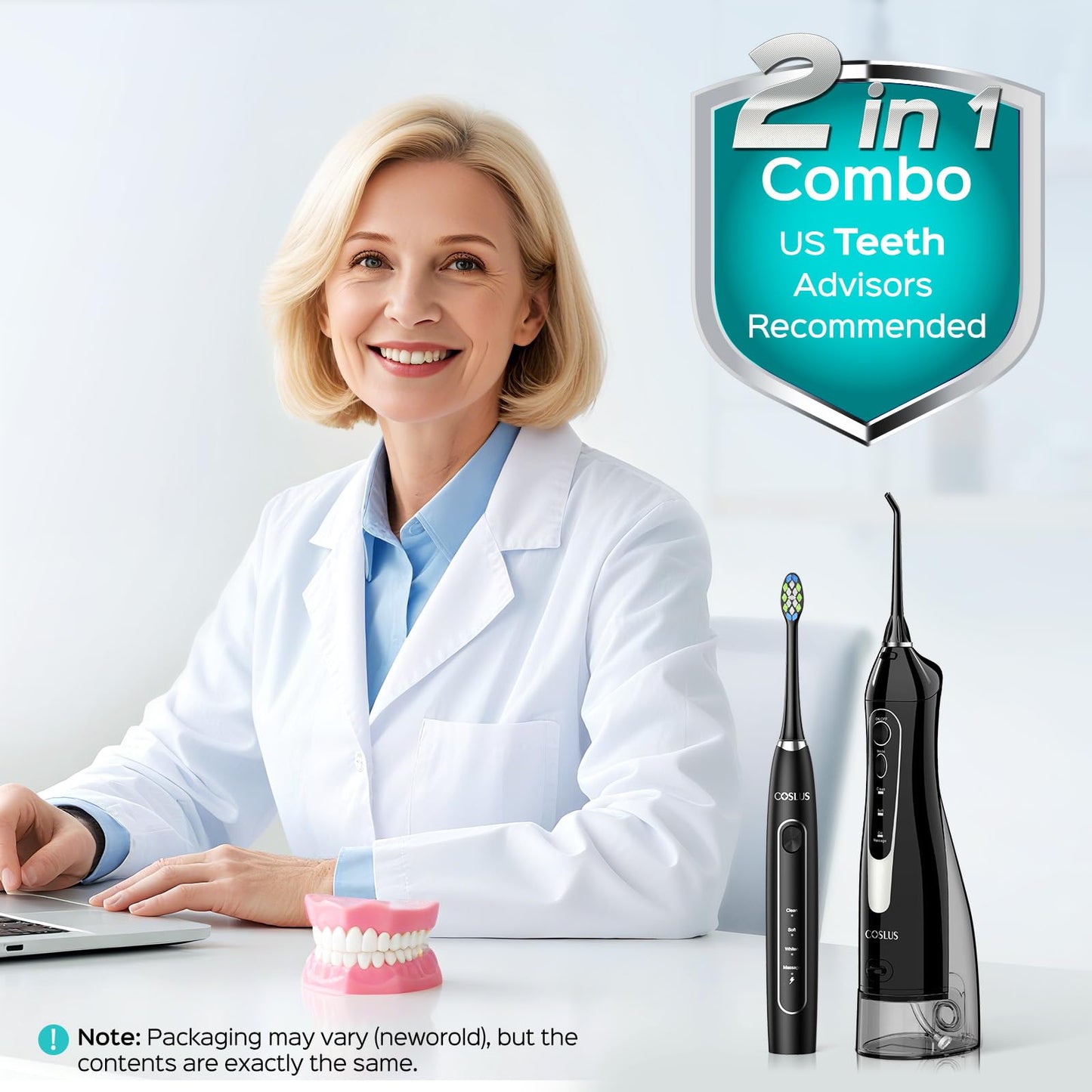 COSLUS Water Teeth Flosser & Electric Toothbrush Combo: 2-in-1 Portable Deep Cleaning Kit, Sonic Toothbrush and Pick with Multiple Modes & 4 Tips 4 Brushes for Family, IPX7 Waterproof, Black, C20&C41