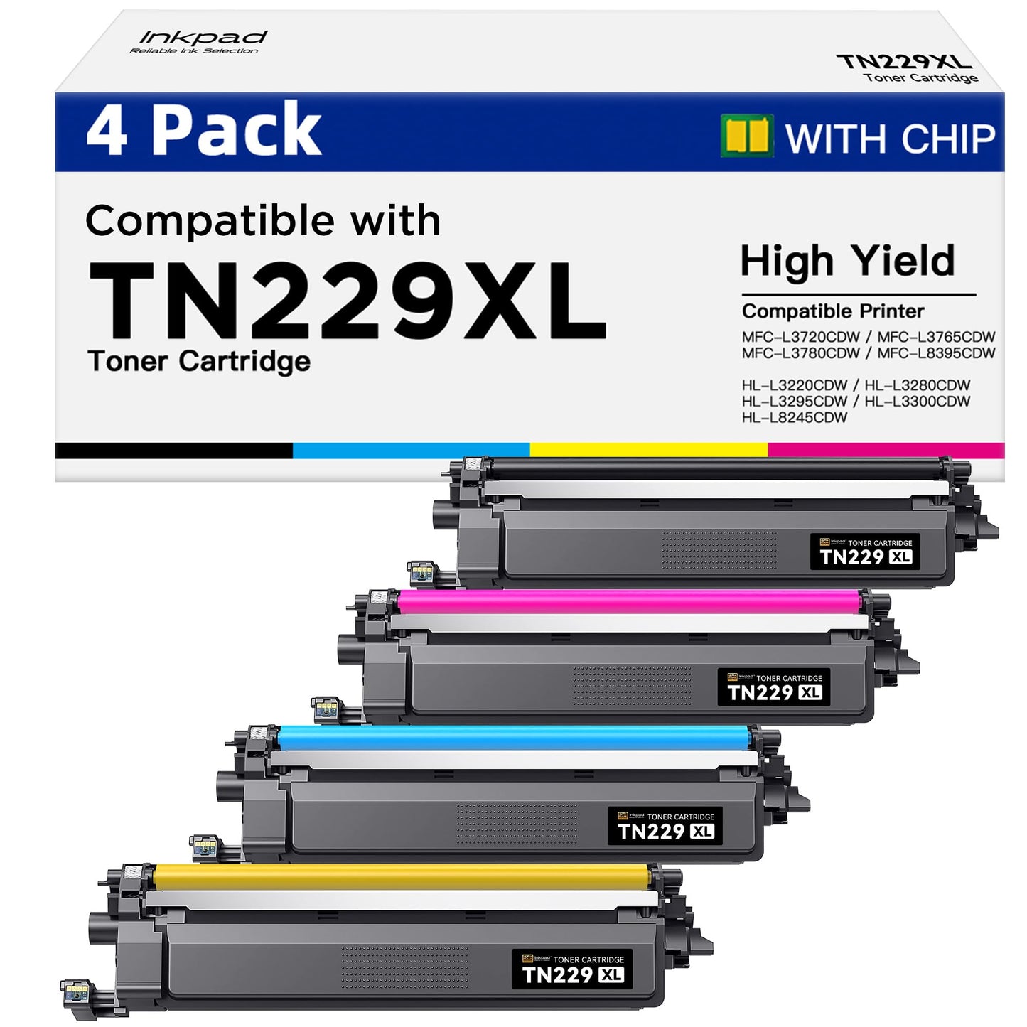 TN229XL TN229 Toner Cartridges High Yield Replacement Compatible for Brother TN 229XL TN-229XL TN-229 Work with MFC-L3720CDW MFC-L3765CDW MFC-L3780CDW MFC-L8395CDW Printers (4Pack, B/C/M/Y)