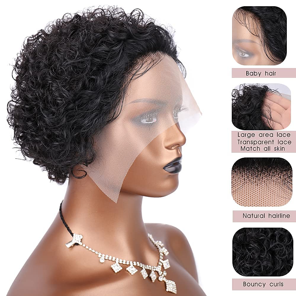 Fereowth Short Curly Lace Front Wigs Human Hair Wigs for Black Women Pixie Cut Wigs Human Hair Short Curly Human Hair Wigs Pre Plucked with Baby Hair 150% Density Natural Black