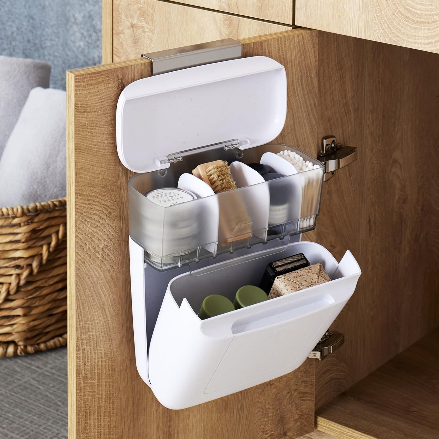 YouCopia DoorStash Hanging Bathroom Cabinet Door 3 Adjustable Compartments, Large Section and Covered Lid for Accessory Organization, Speckled Shell