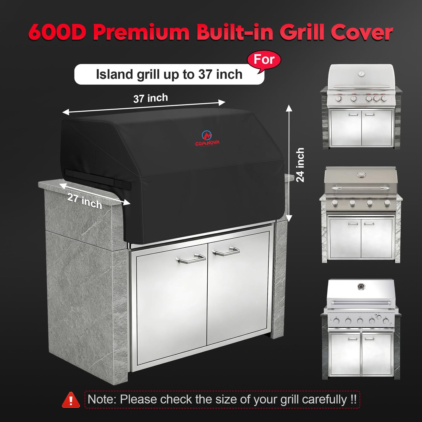 Comnova Built-in BBQ Cover 37 Inch - 600D Island Barbecue Grill Top Covers Heavy Duty & Waterproof, Premium Built in Grill Cover for Char-Broil, Napoleon, Weber, Bull and More - 37 x 27 x 24 Inch