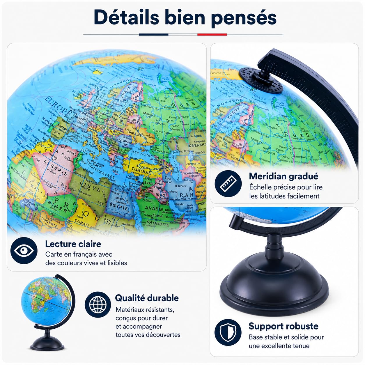 Exerz 20cm Globe Terrestre - Carte en Français - 20cm World Globe in French - Garte politique/éducative/géographique