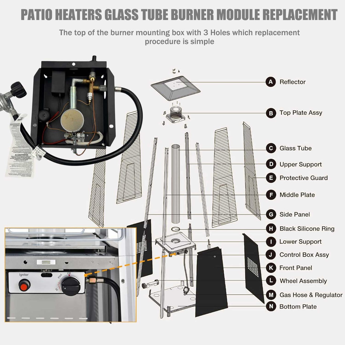 Patio Heaters Glass Tube Burner Module Replacement 47 000 BTU SGT Pattern Burner Replacement Parts with Regulator Valve Assembly Kit for Pyramid Square Glass Tube Patio Heater (3 Bolt Hole)