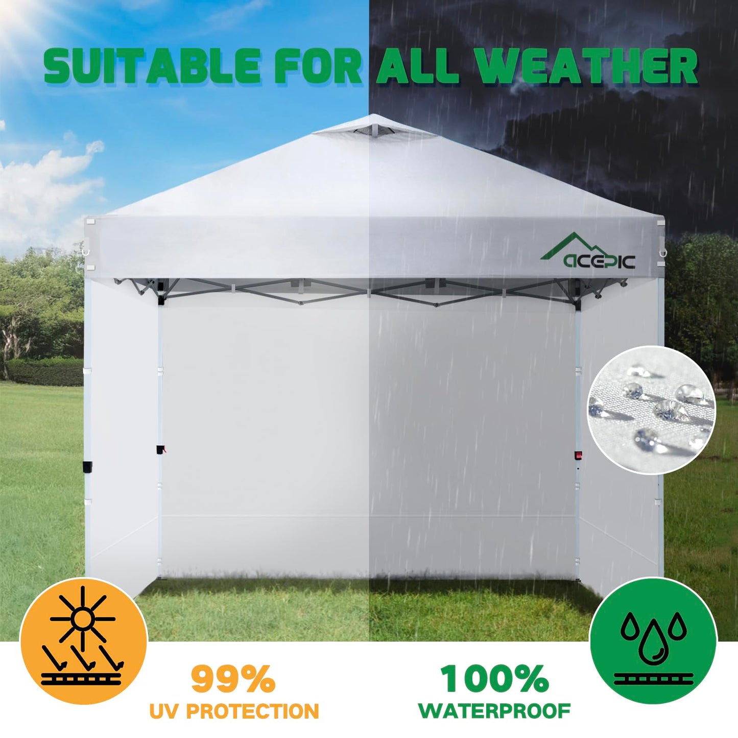 Acepic 3PCS White 210D Waterproof Sidewalls for 10x10 Pop Up Canopy Tent, Fits Most 10x10 ft Canopies, Camping