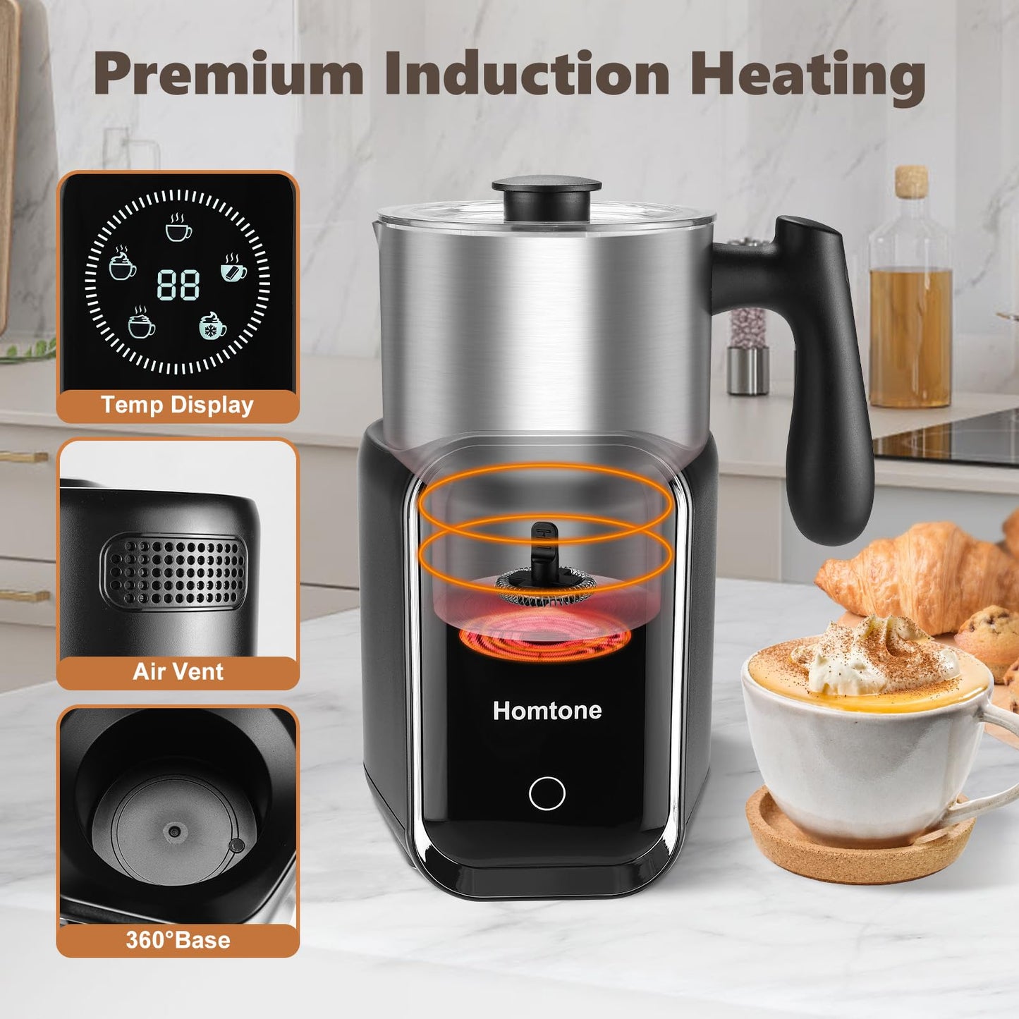 Homtone 5-in-1 Electric Milk Frother and Steamer, 21 oz Induction Milk Frother, Removable Stainless Steel Automatic Milk Steamer for Latte, Hot Chocolate Milk, Hot & Cold Foam, Large