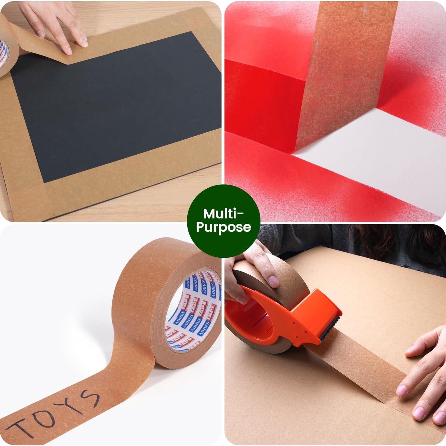 ADHES Kraft Paper Tape with Dispenser, 2 in x 55 yds x 6 Rolls – Eco Friendly Brown Packing Tape, Strong Adhesive, Easy Cut Tape Dispenser for Shipping, Moving & Packaging