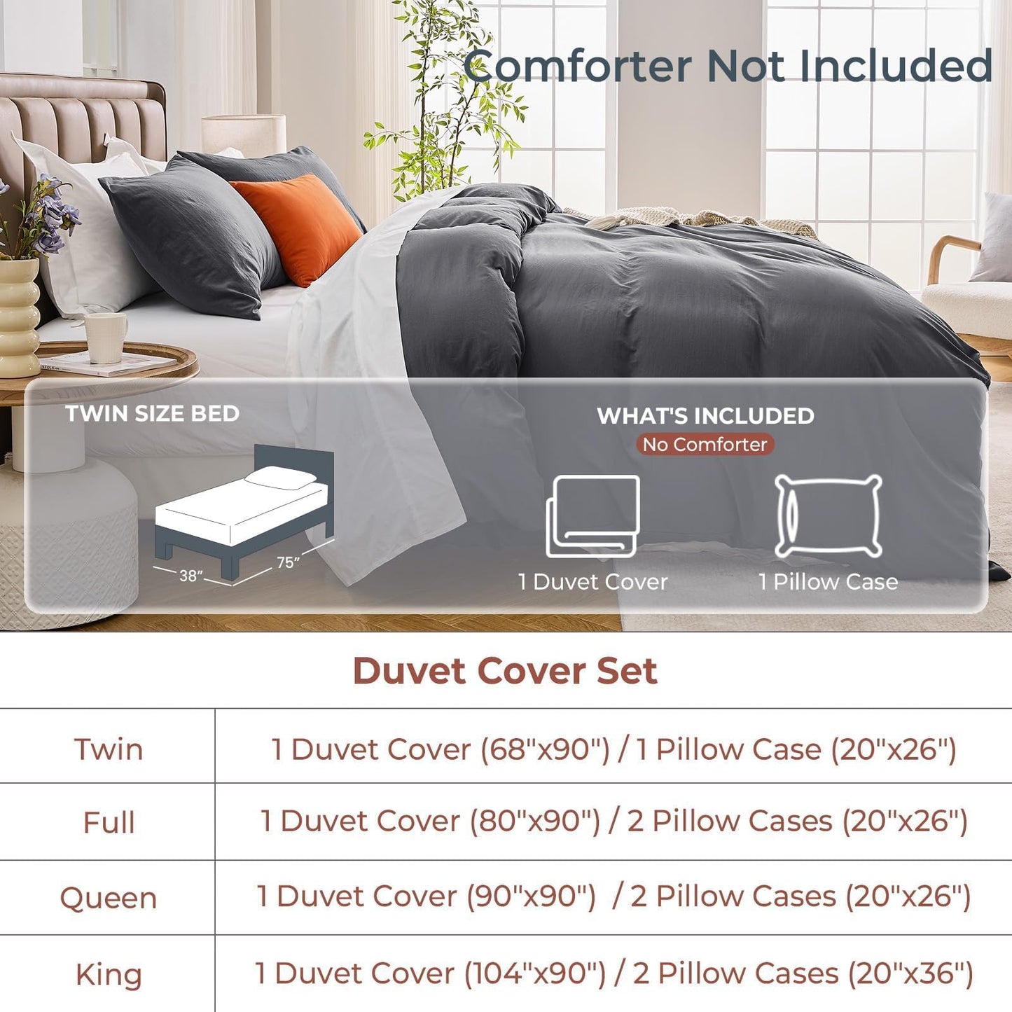 SASTTIE Duvet Cover King, 3-Piece Prewashed Ultra Soft King Bedding Set - Features Zipper Closure and Corner Ties, Includes 1 Duvet Cover 104x90 Inch & 2 Pillowcases, No Comforter, Dark Grey